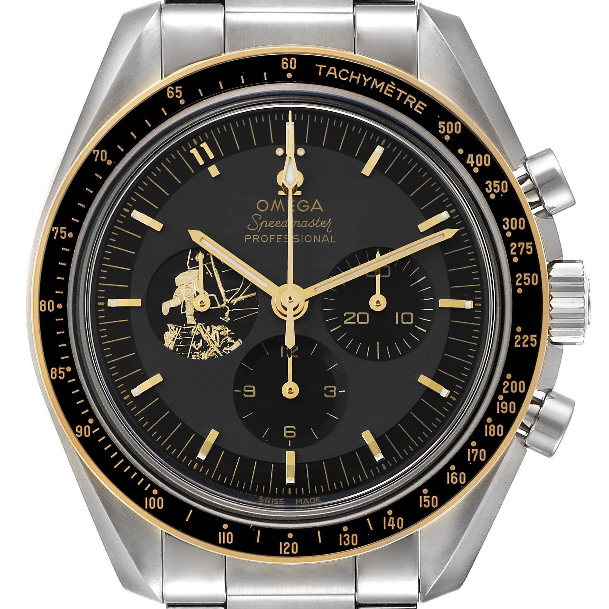 This Omega Speedmaster 310.20.42.50.01.001 Men's Stainless Steel Grey Dial 310.20.42.50.01.001 Men's Stainless Steel Grey Dial watch is shown from a front angle displaying the face, chronograph subdials, and tachymeter bezel.