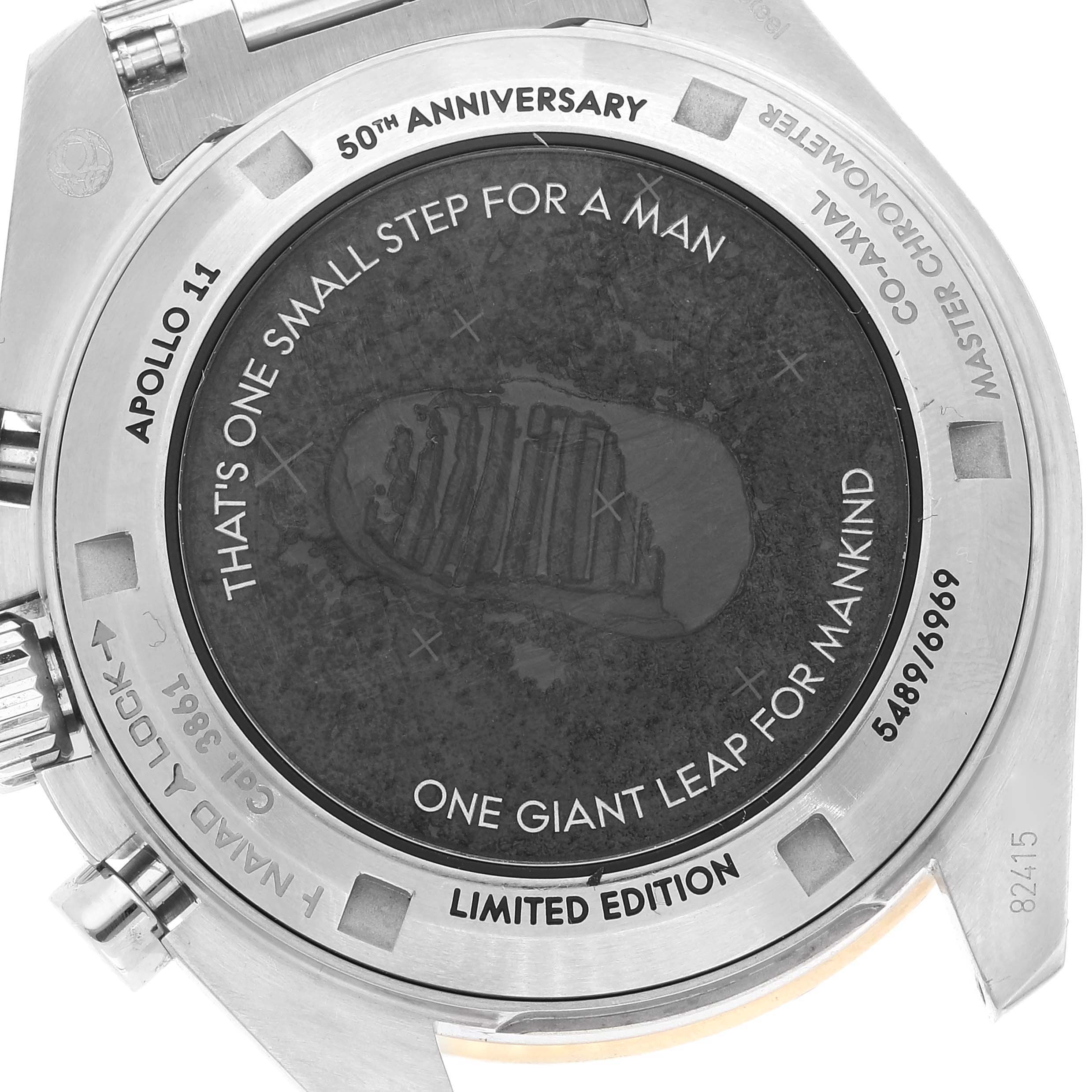 The image shows the case back of an Omega Speedmaster 310.20.42.50.01.001 Men's Stainless Steel Grey Dial 310.20.42.50.01.001 Men's Stainless Steel Grey Dial watch, highlighting its Apollo 11 50th Anniversary Limited Edition engraving.