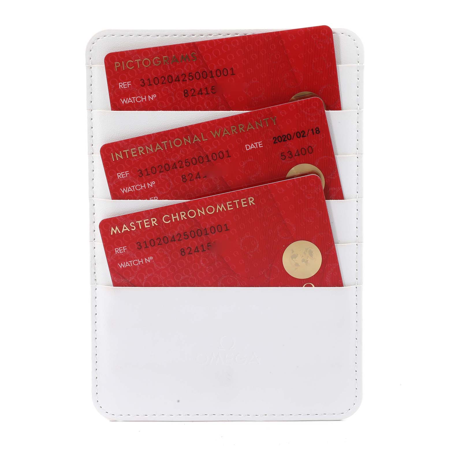 The image shows warranty and certification cards for an Omega Speedmaster 310.20.42.50.01.001 Men's Stainless Steel Grey Dial 310.20.42.50.01.001 Men's Stainless Steel Grey Dial, placed in a white card holder.