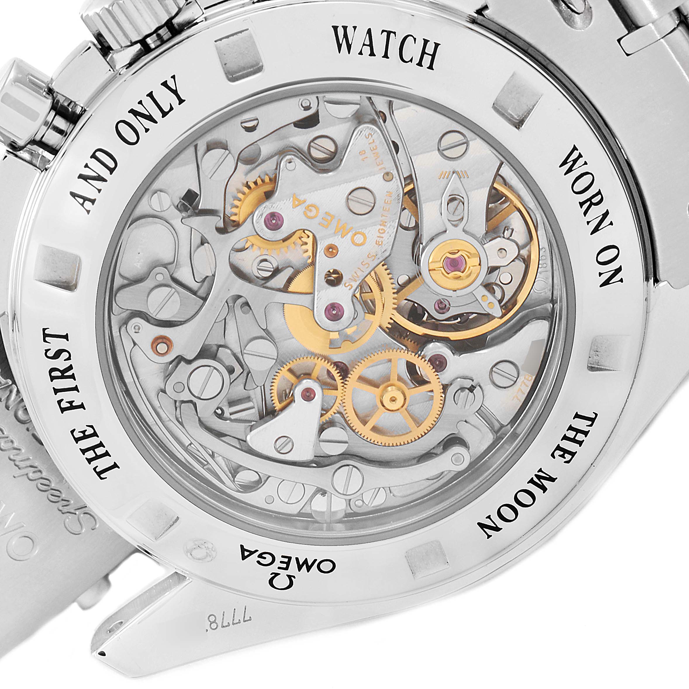 The image shows the back view of the Omega Speedmaster 311.30.42.30.13.001 Men's Stainless Steel Brown Dial 311.30.42.30.13.001 Men's Stainless Steel Brown Dial watch with its intricate internal mechanics visible.