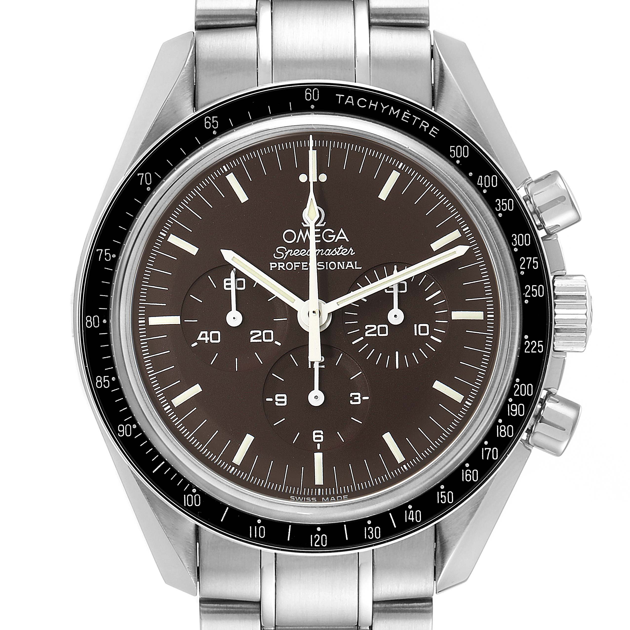 The image shows a frontal view of the Omega Speedmaster 311.30.42.30.13.001 Men's Stainless Steel Brown Dial 311.30.42.30.13.001 Men's Stainless Steel Brown Dial watch displaying its dial, hands, tachymeter bezel, and chronograph pushers.