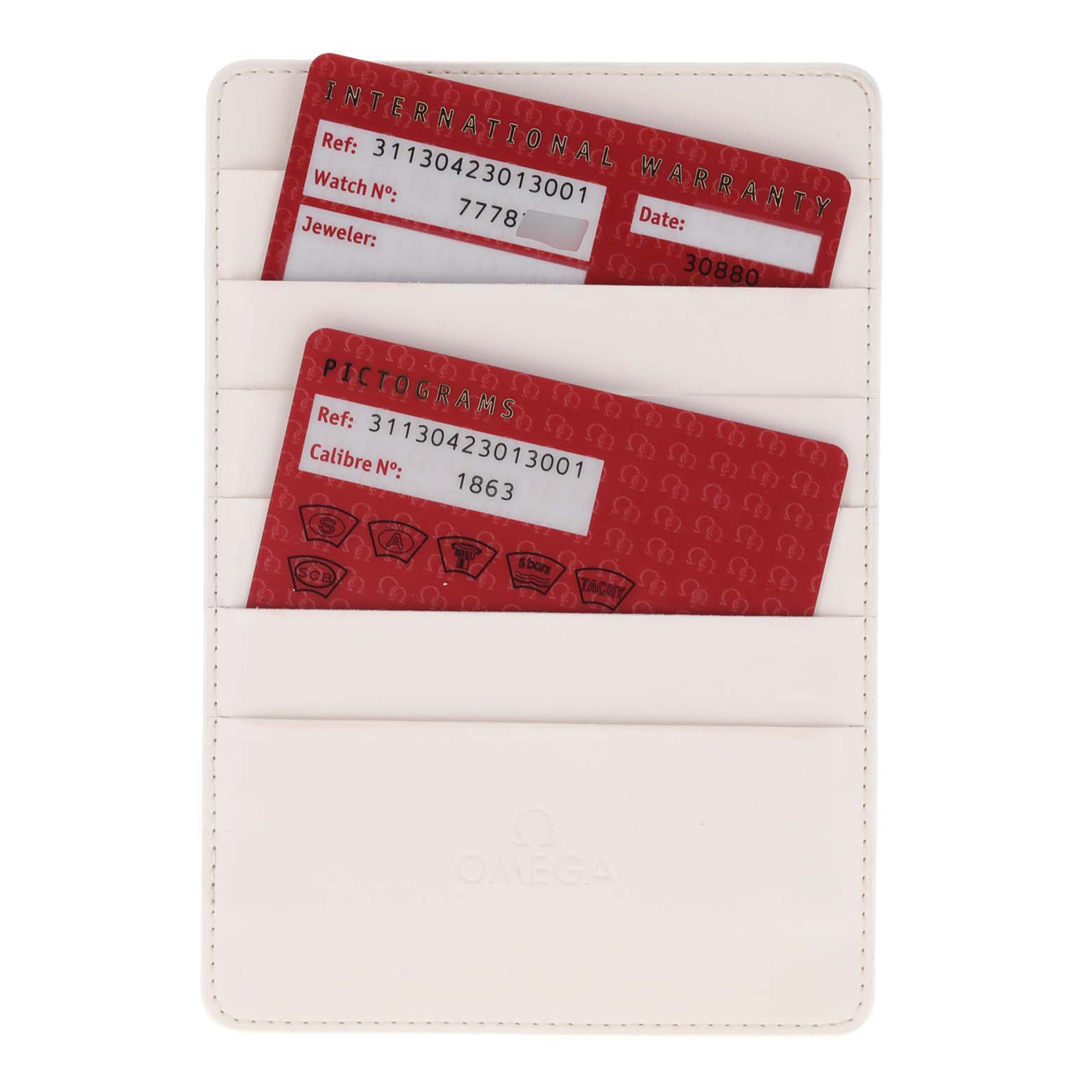 This image shows Omega Speedmaster 311.30.42.30.13.001 Men's Stainless Steel Brown Dial 311.30.42.30.13.001 Men's Stainless Steel Brown Dial's international warranty and pictogram cards in a cardholder.