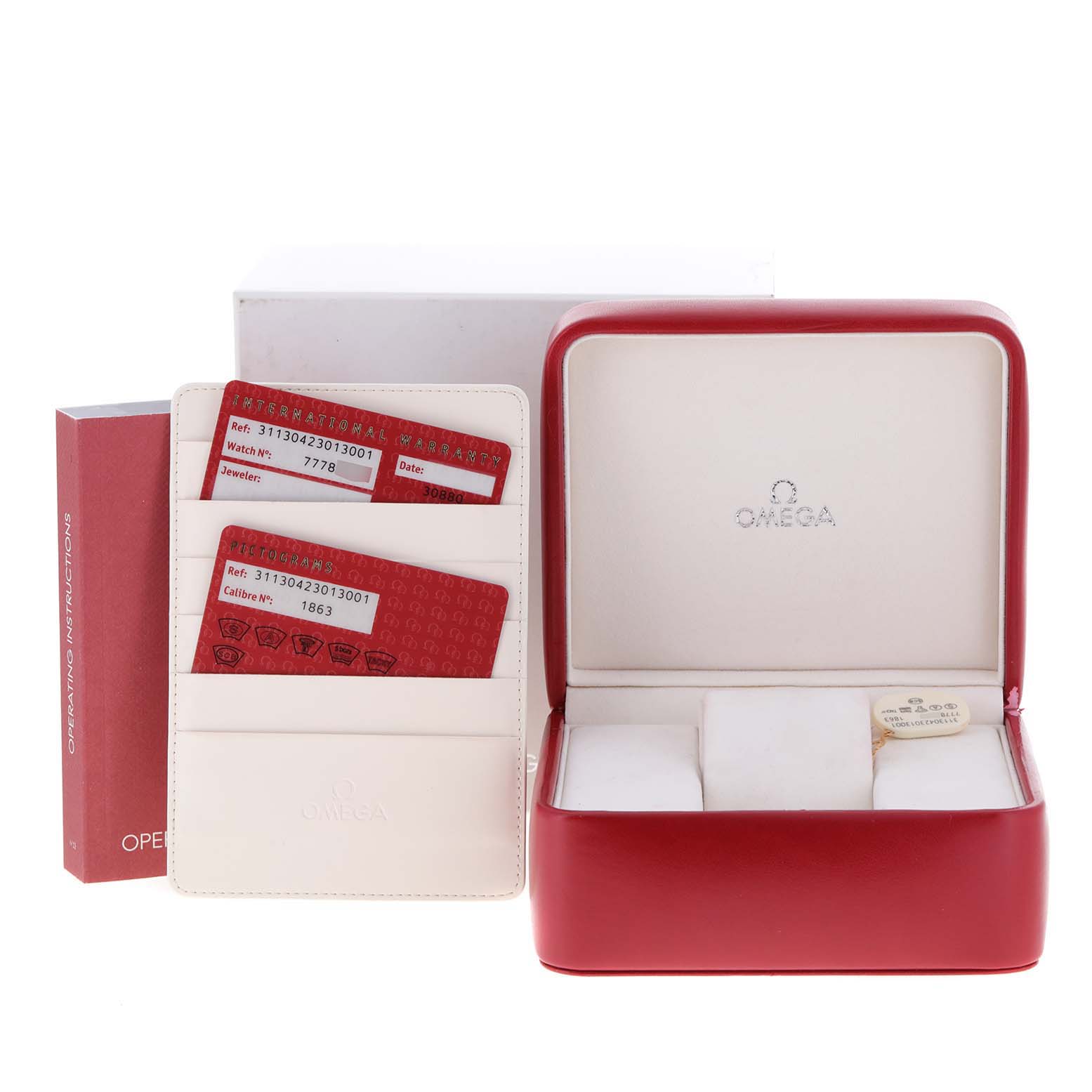 The image shows the packaging, warranty cards, and operating instructions for an Omega Speedmaster 311.30.42.30.13.001 Men's Stainless Steel Brown Dial 311.30.42.30.13.001 Men's Stainless Steel Brown Dial watch.