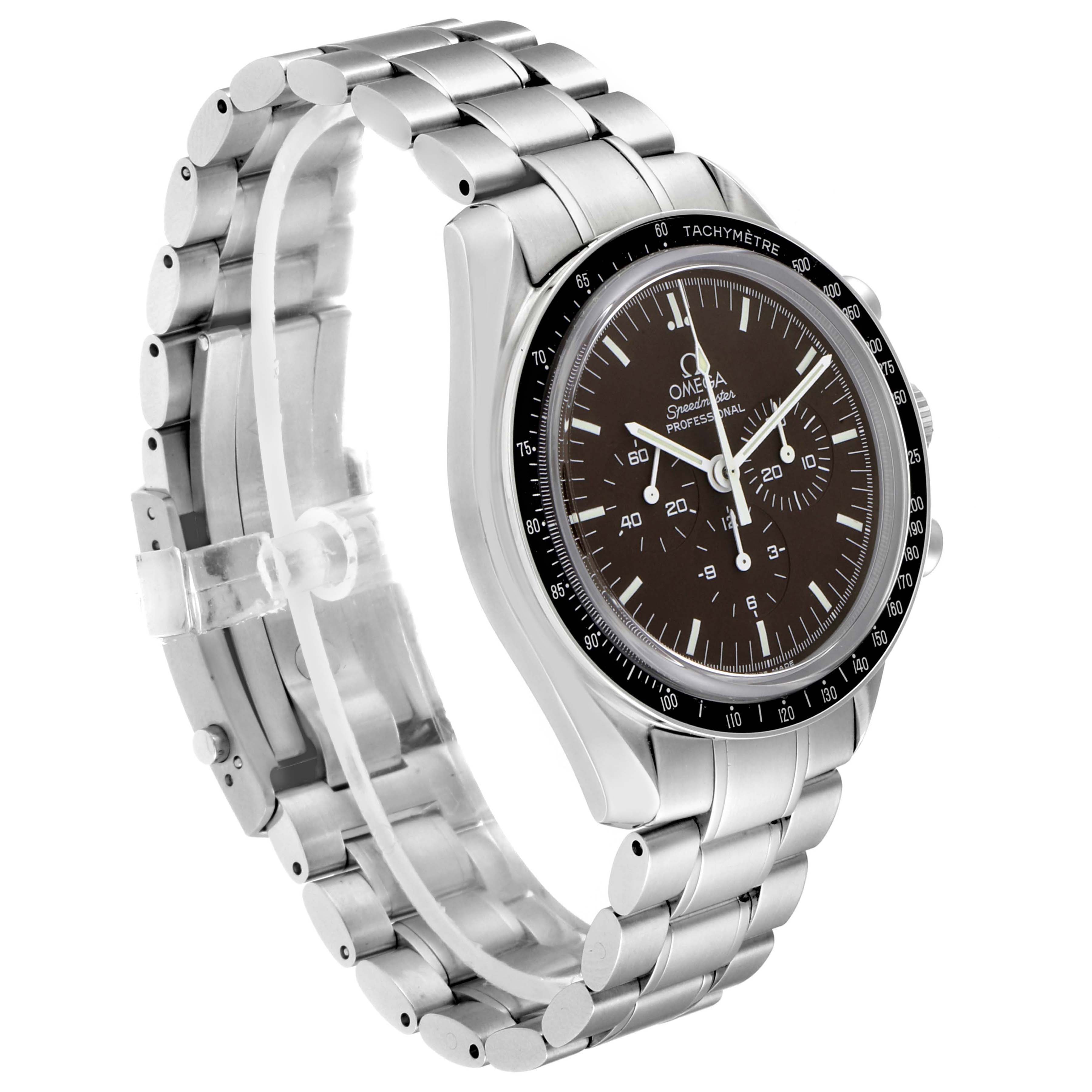 The image shows a side angle of the Omega Speedmaster 311.30.42.30.13.001 Men's Stainless Steel Brown Dial 311.30.42.30.13.001 Men's Stainless Steel Brown Dial watch, highlighting the black dial, tachymeter bezel, and stainless steel bracelet.
