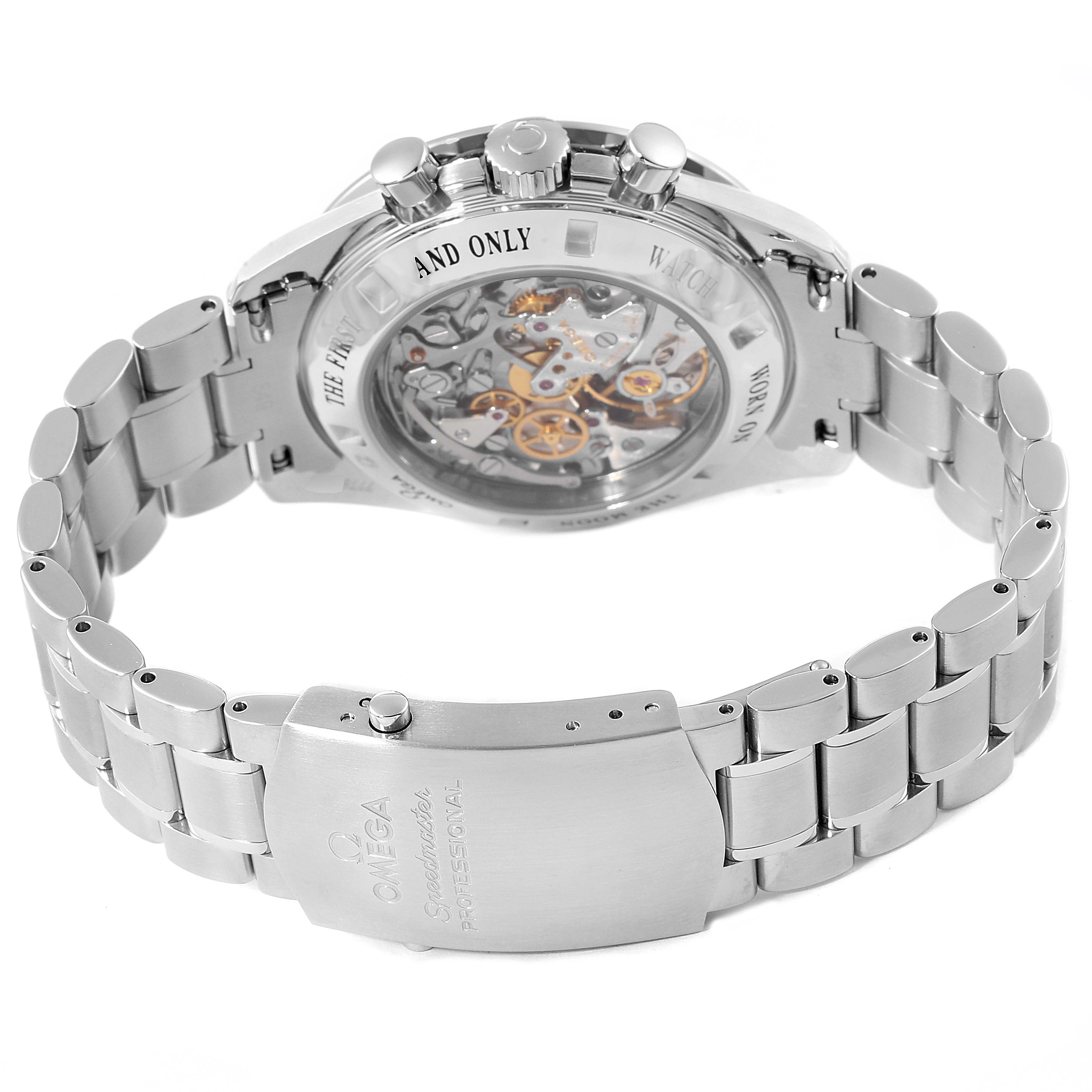 The image shows the back view of an Omega Speedmaster 311.30.42.30.13.001 Men's Stainless Steel Brown Dial 311.30.42.30.13.001 Men's Stainless Steel Brown Dial watch, displaying its bracelet, clasp, and transparent case back.