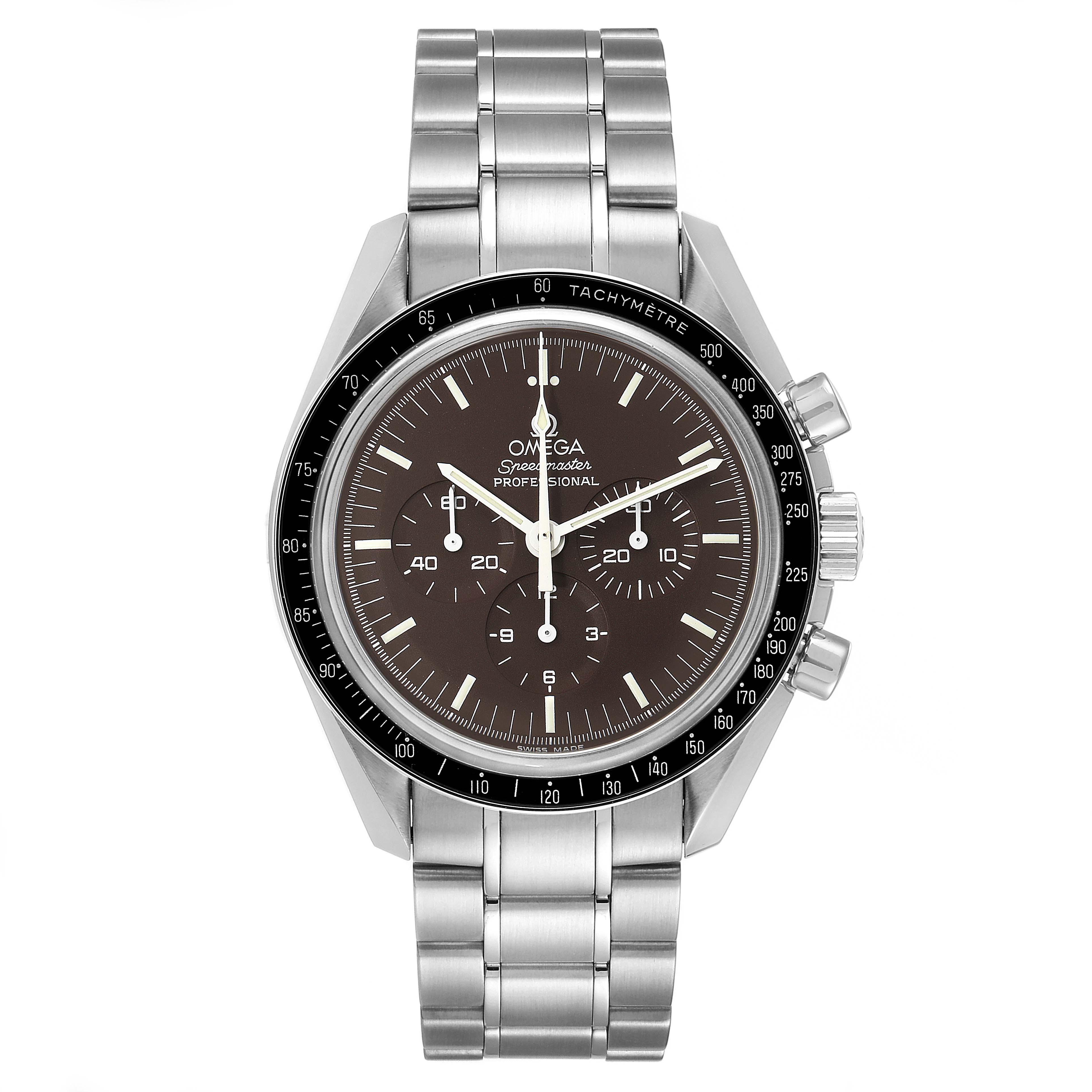 The image shows a frontal view of an Omega Speedmaster 311.30.42.30.13.001 Men's Stainless Steel Brown Dial 311.30.42.30.13.001 Men's Stainless Steel Brown Dial watch, displaying its face, chronograph subdials, bezel, and stainless steel bracelet.