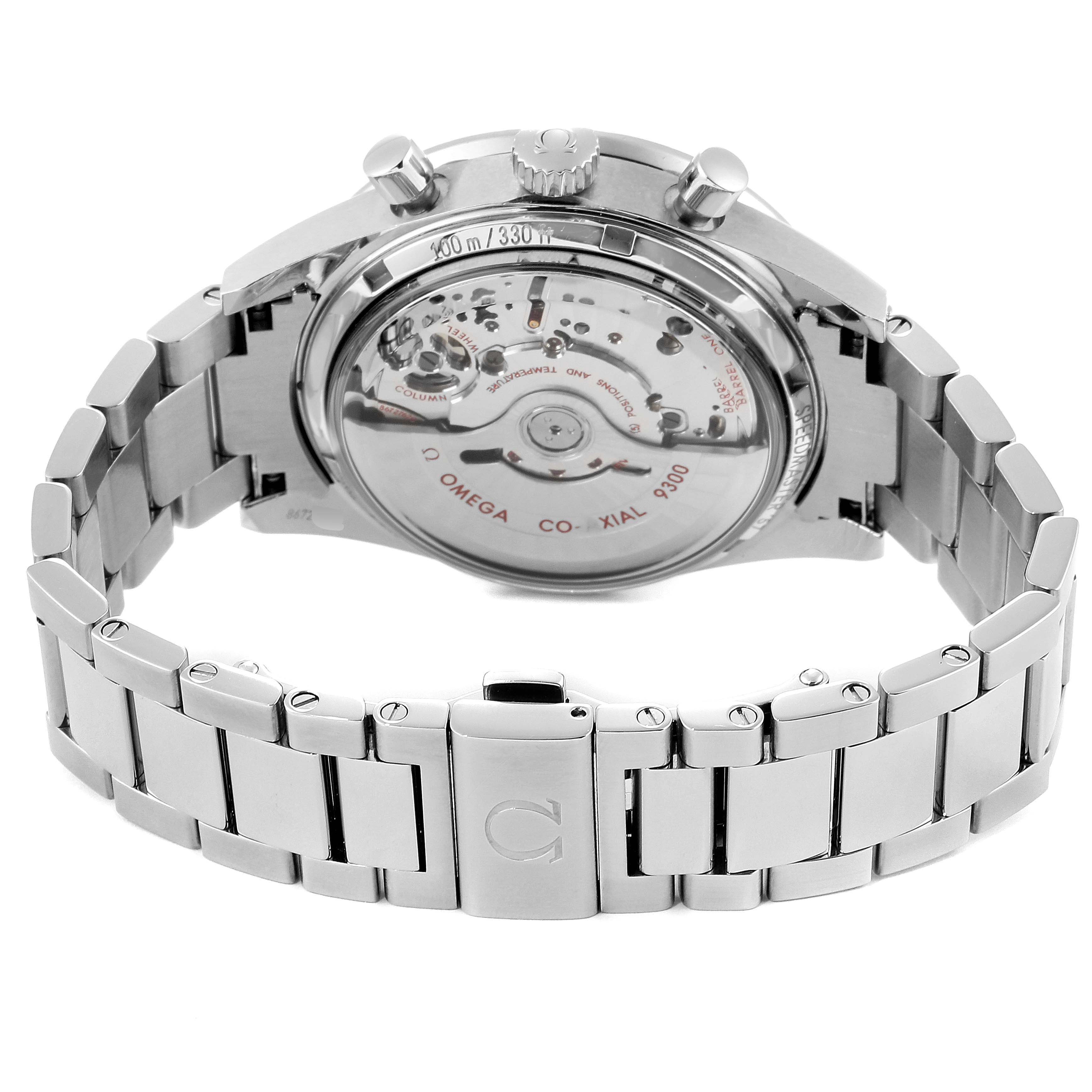 The image shows the back view of an Omega Speedmaster 331.10.42.51.02.002 Men's Stainless Steel Silver Dial 331.10.42.51.02.002 Men's Stainless Steel Silver Dial watch, highlighting its automatic movement and metal bracelet.