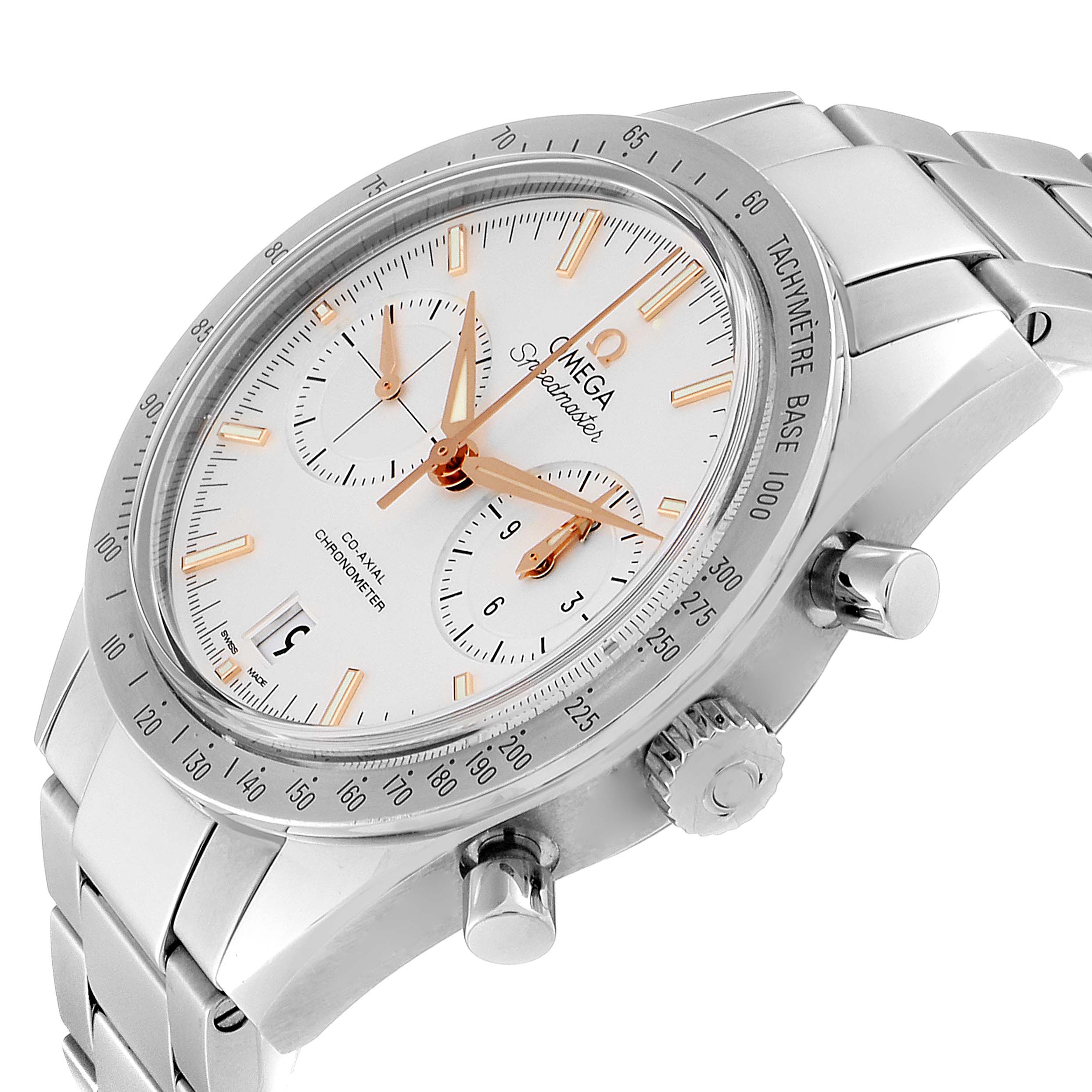 The image shows an angled view of an Omega Speedmaster 331.10.42.51.02.002 Men's Stainless Steel Silver Dial 331.10.42.51.02.002 Men's Stainless Steel Silver Dial watch, highlighting its face, bezel, pushers, crown, and metal bracelet.