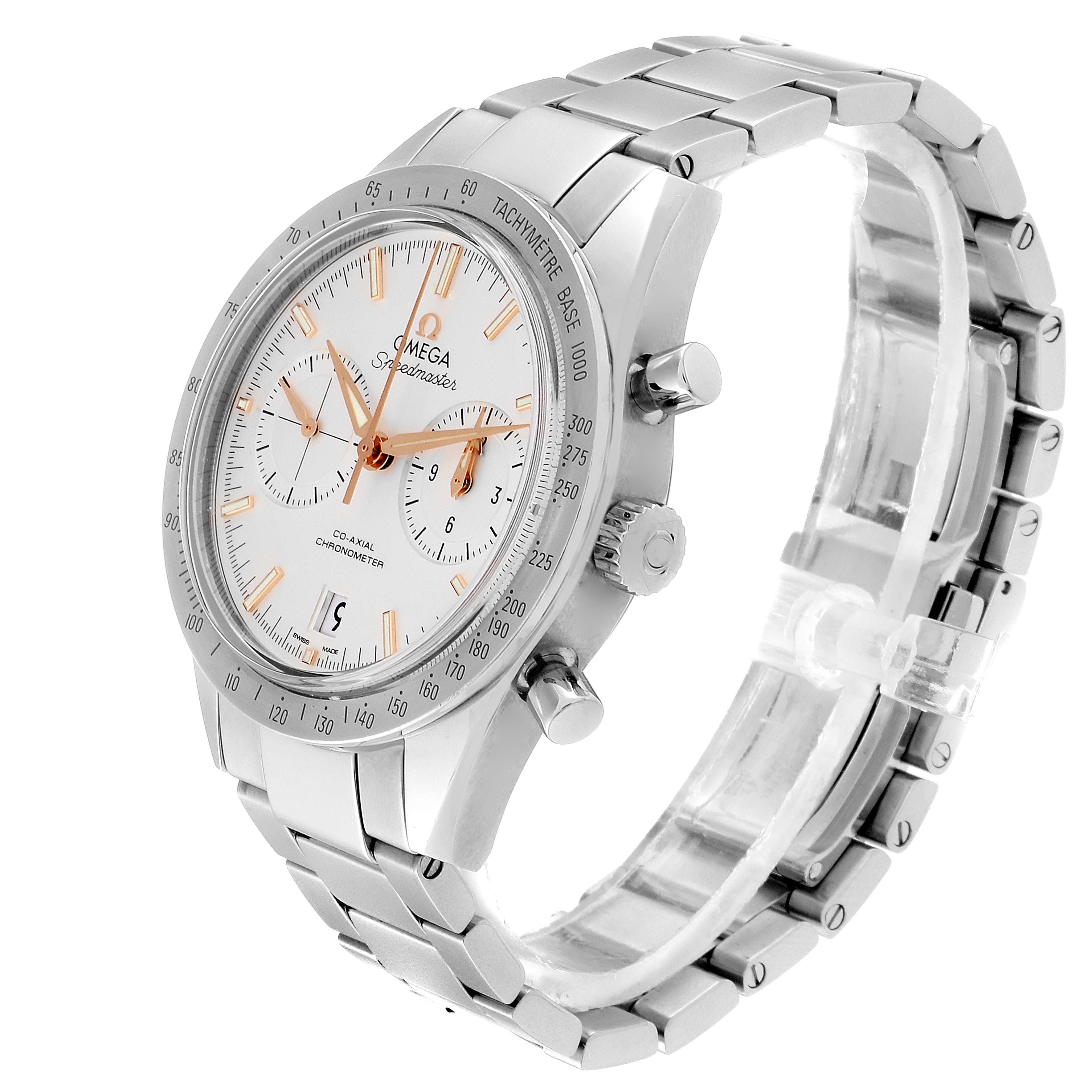 The image shows an Omega Speedmaster 331.10.42.51.02.002 Men's Stainless Steel Silver Dial 331.10.42.51.02.002 Men's Stainless Steel Silver Dial watch at a three-quarter angle, highlighting the face, case, crown, and bracelet.