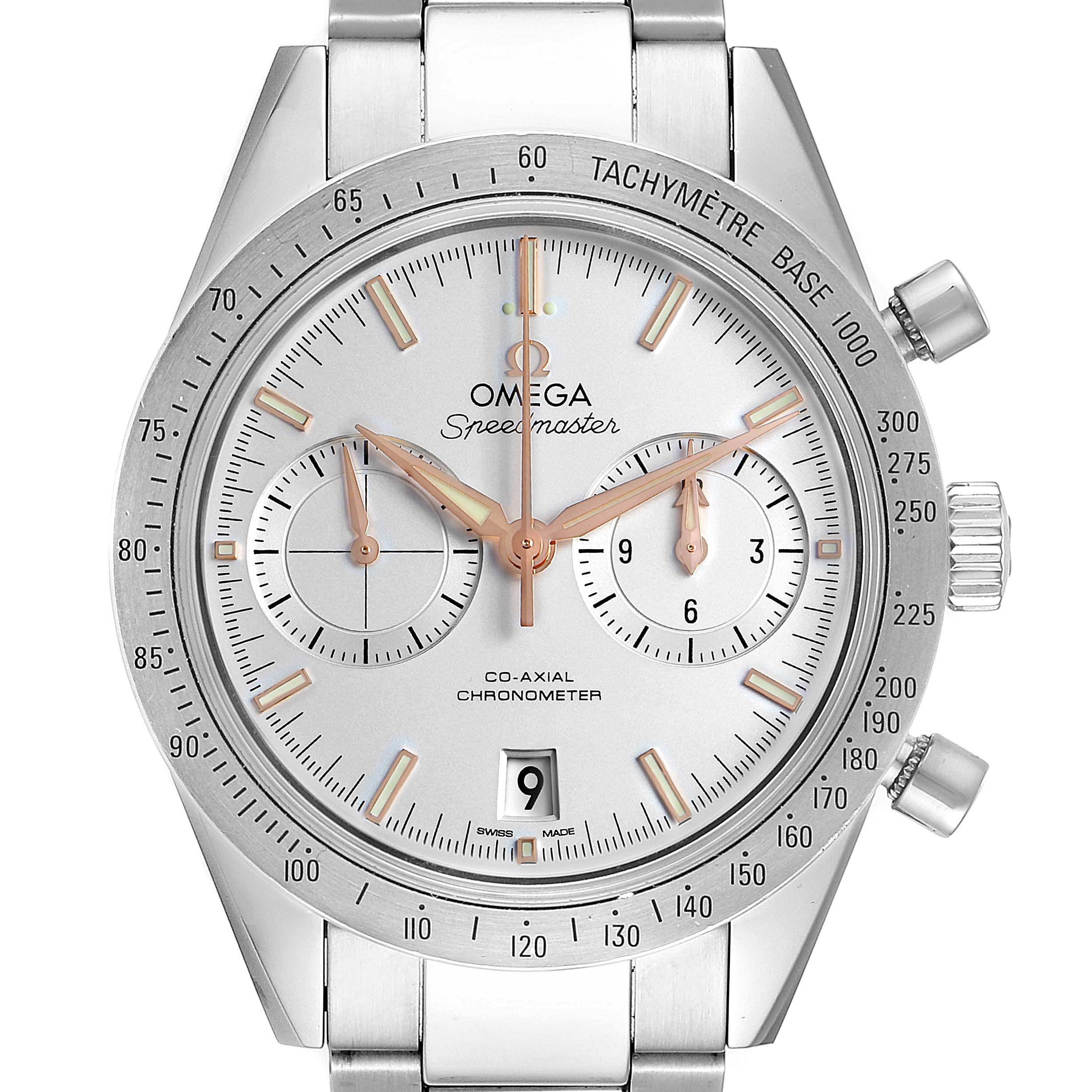 This Omega Speedmaster 331.10.42.51.02.002 Men's Stainless Steel Silver Dial 331.10.42.51.02.002 Men's Stainless Steel Silver Dial watch is shown in a front-facing angle, highlighting the dial, sub-dials, and tachymeter bezel.