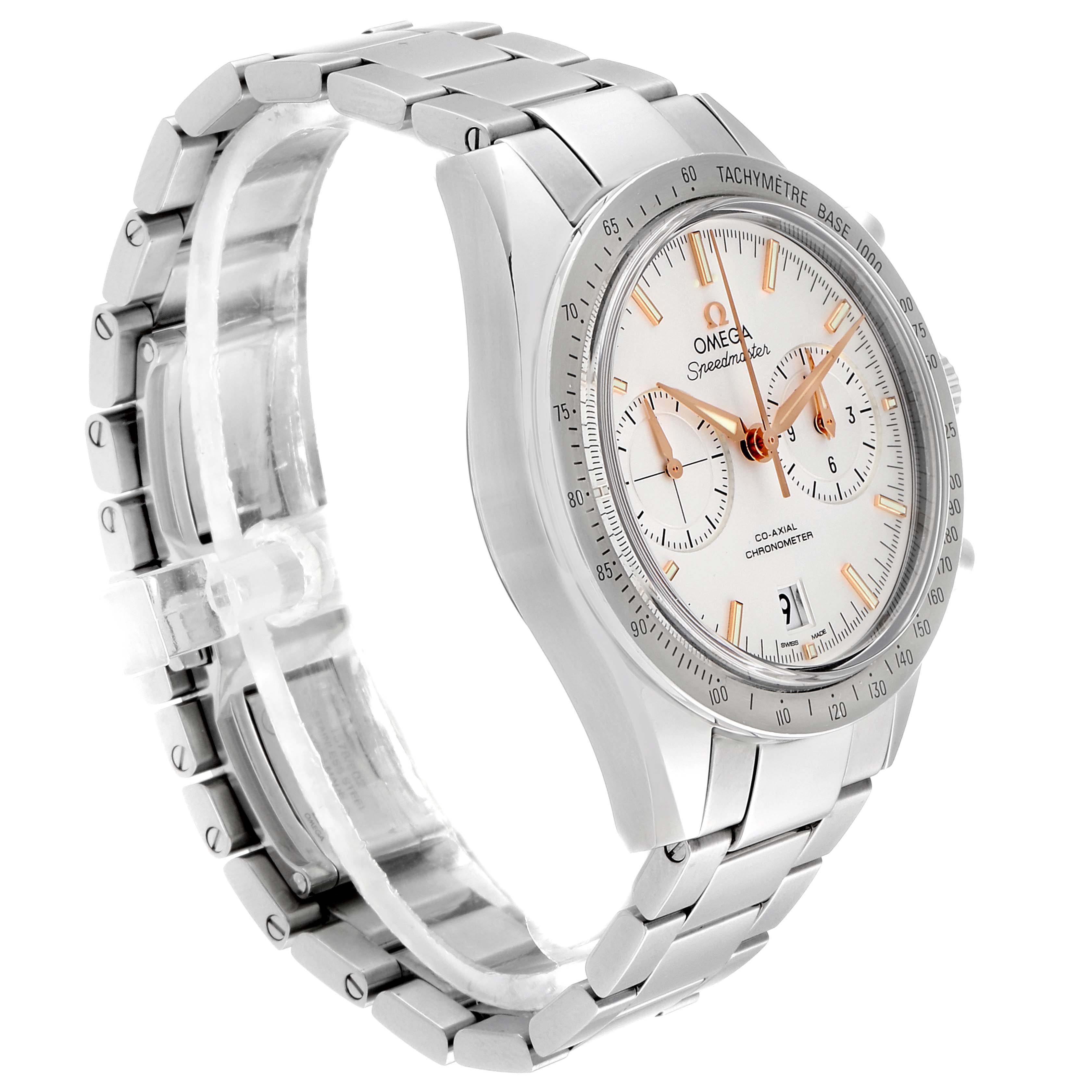 The Omega Speedmaster 331.10.42.51.02.002 Men's Stainless Steel Silver Dial 331.10.42.51.02.002 Men's Stainless Steel Silver Dial watch is shown at a three-quarter angle, displaying its dial, bezel, and stainless steel bracelet.