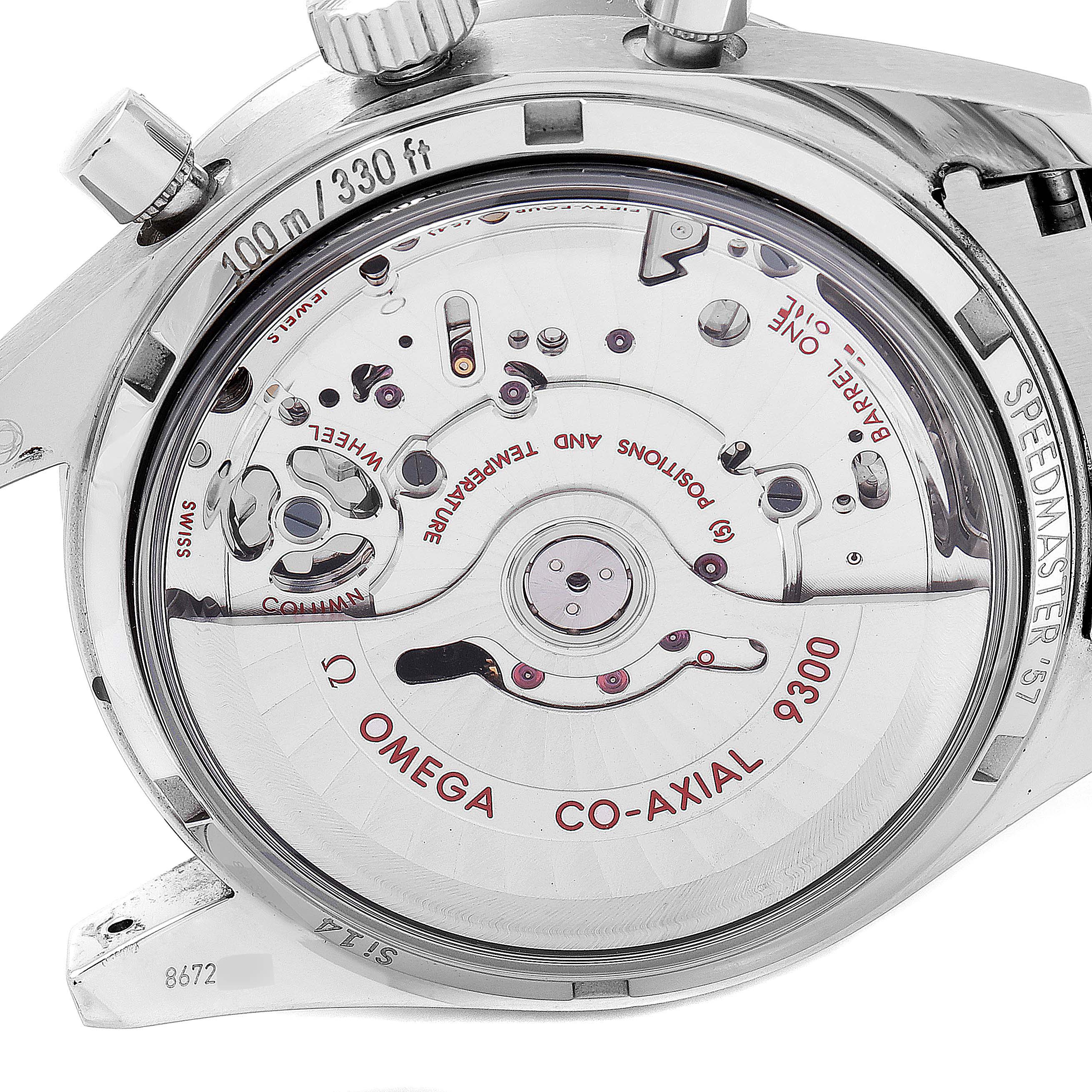 The image shows the back view of an Omega Speedmaster 331.10.42.51.02.002 Men's Stainless Steel Silver Dial 331.10.42.51.02.002 Men's Stainless Steel Silver Dial watch, highlighting its co-axial 9300 movement.