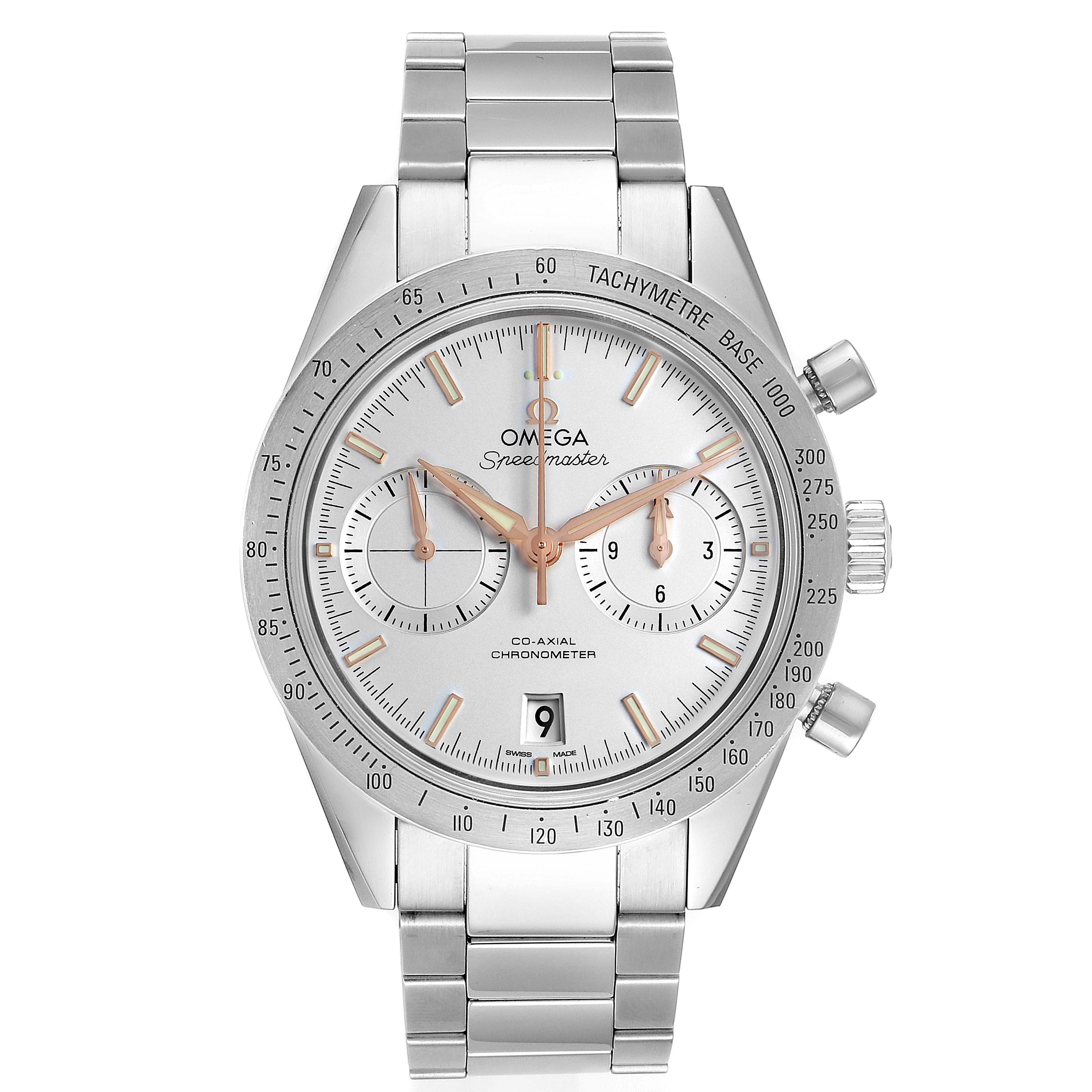 The Omega Speedmaster 331.10.42.51.02.002 Men's Stainless Steel Silver Dial 331.10.42.51.02.002 Men's Stainless Steel Silver Dial watch is shown from the front angle, highlighting its dial, bracelet, and chronograph subdials.