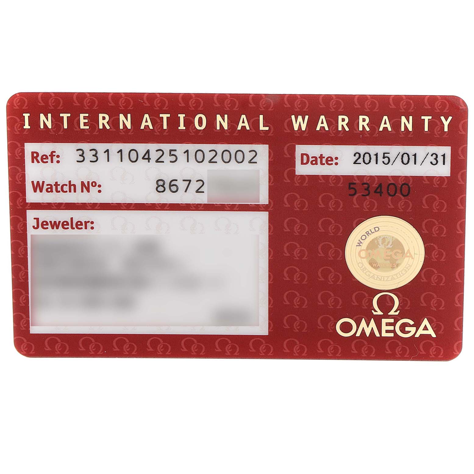 This image shows the international warranty card for an Omega Speedmaster 331.10.42.51.02.002 Men's Stainless Steel Silver Dial 331.10.42.51.02.002 Men's Stainless Steel Silver Dial watch.