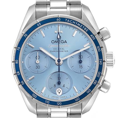 The Omega Speedmaster 324.30.38.50.03.001 Men's Stainless Steel Blue Dial watch is shown from a front angle, highlighting its blue dial, tachymeter bezel, and chronograph subdials.