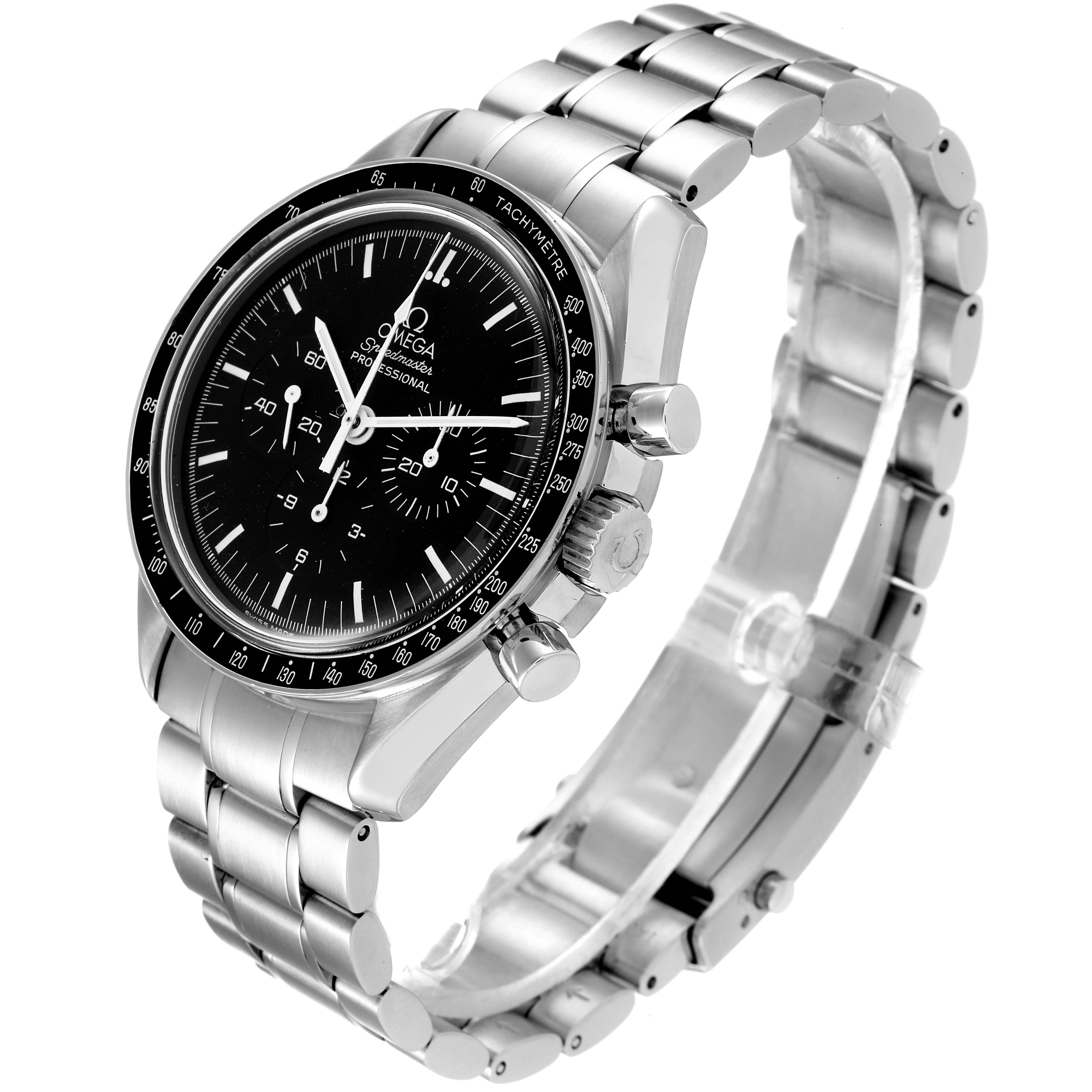 The image shows a side and front perspective of the Omega Speedmaster 3572.50.00 Men
s Stainless Steel Black Dial 3572.50.00 Men
s Stainless Steel Black Dial watch, displaying the face, bezel, crown, and metal bracelet.