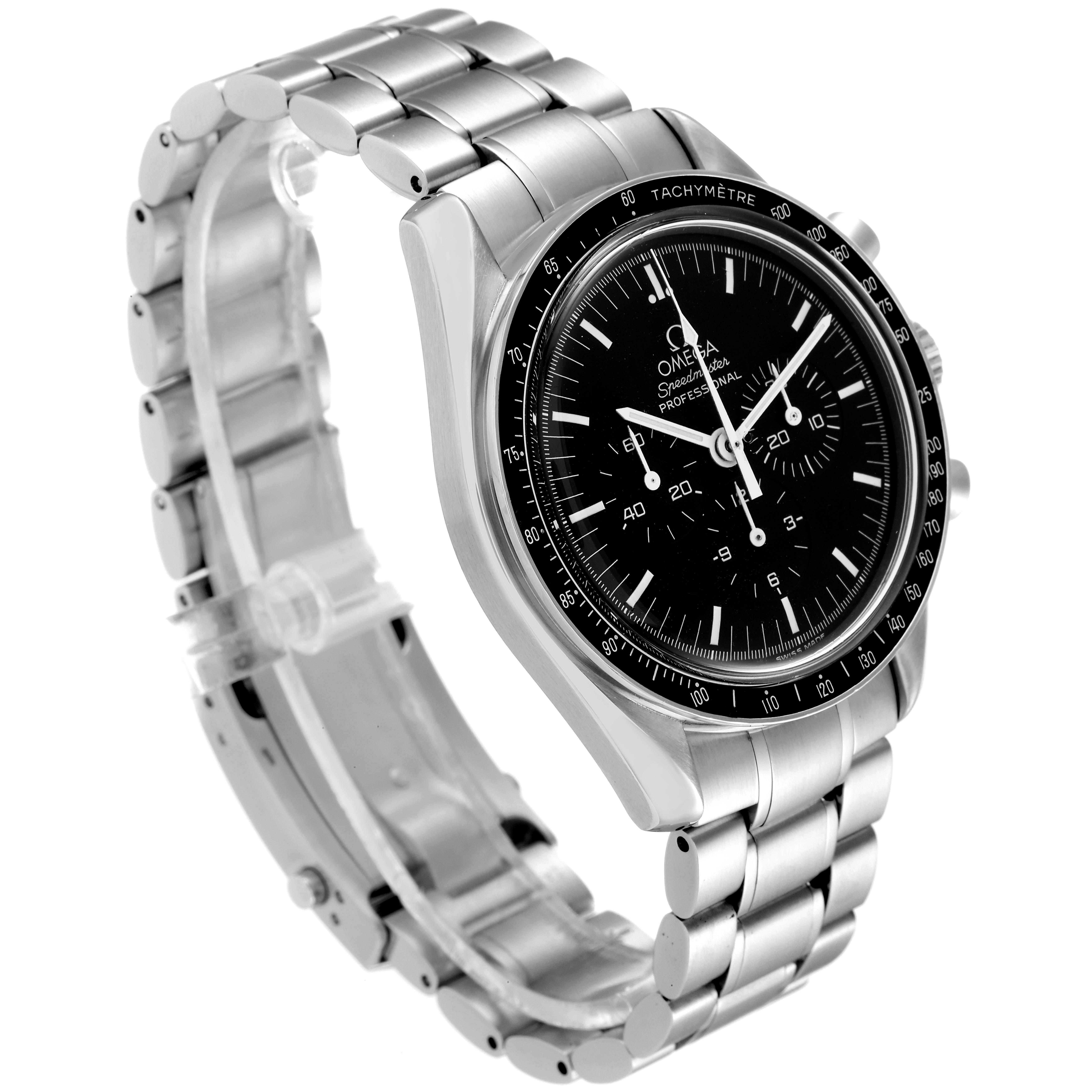 The image shows an Omega Speedmaster 3572.50.00 Men
s Stainless Steel Black Dial 3572.50.00 Men
s Stainless Steel Black Dial watch from a three-quarter front view, displaying the dial, bezel, and metal bracelet.