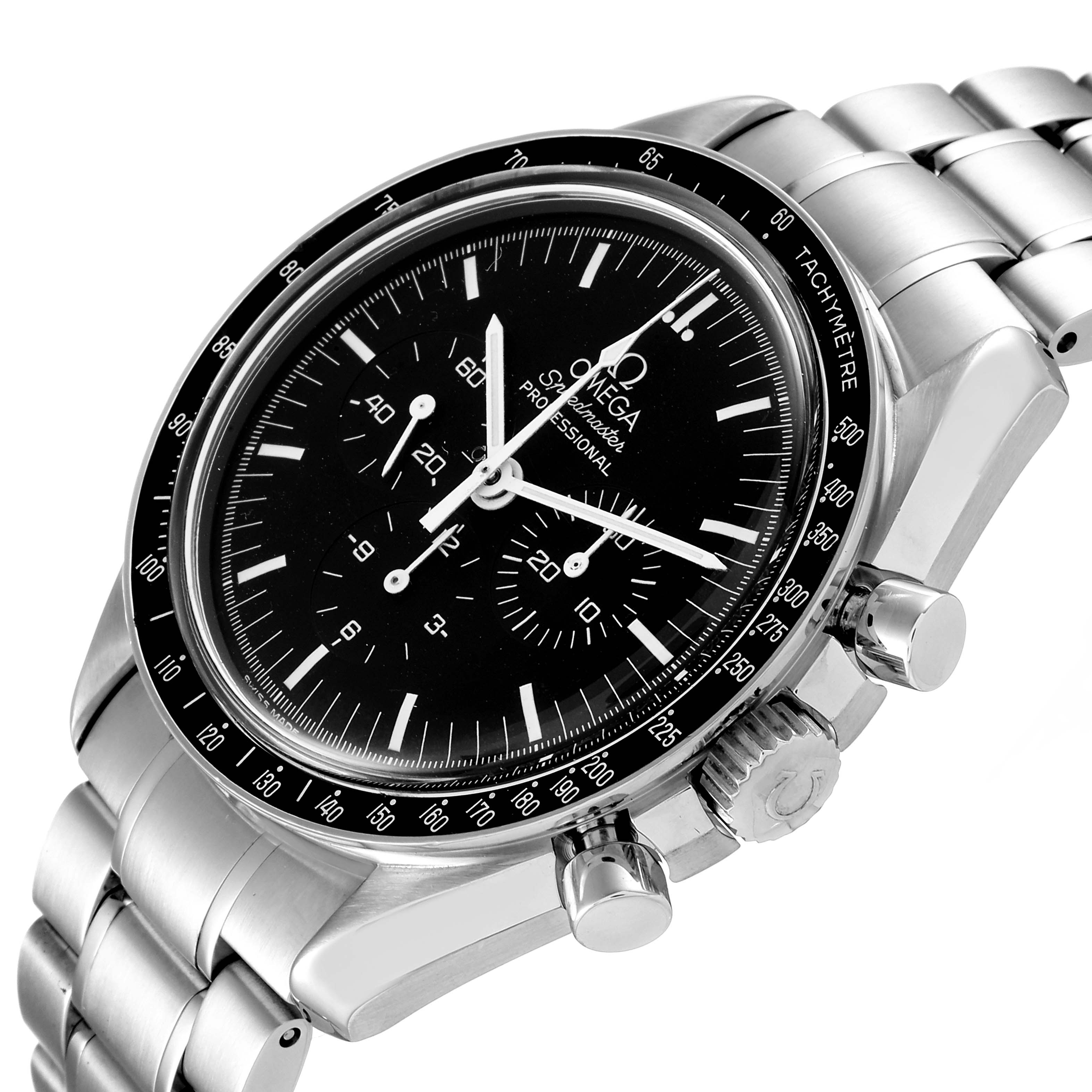 The Omega Speedmaster 3572.50.00 Men
s Stainless Steel Black Dial 3572.50.00 Men
s Stainless Steel Black Dial watch is shown at an oblique angle, highlighting its face, crown, chronograph pushers, and metal bracelet.