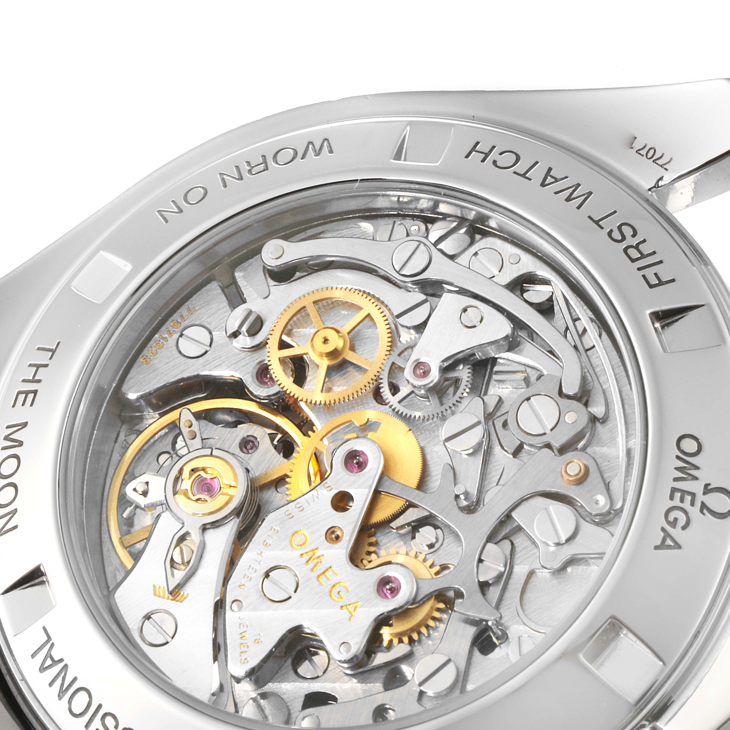 The image shows the back case and inner mechanical movements of an Omega Speedmaster 3572.50.00 Men
s Stainless Steel Black Dial 3572.50.00 Men
s Stainless Steel Black Dial watch.