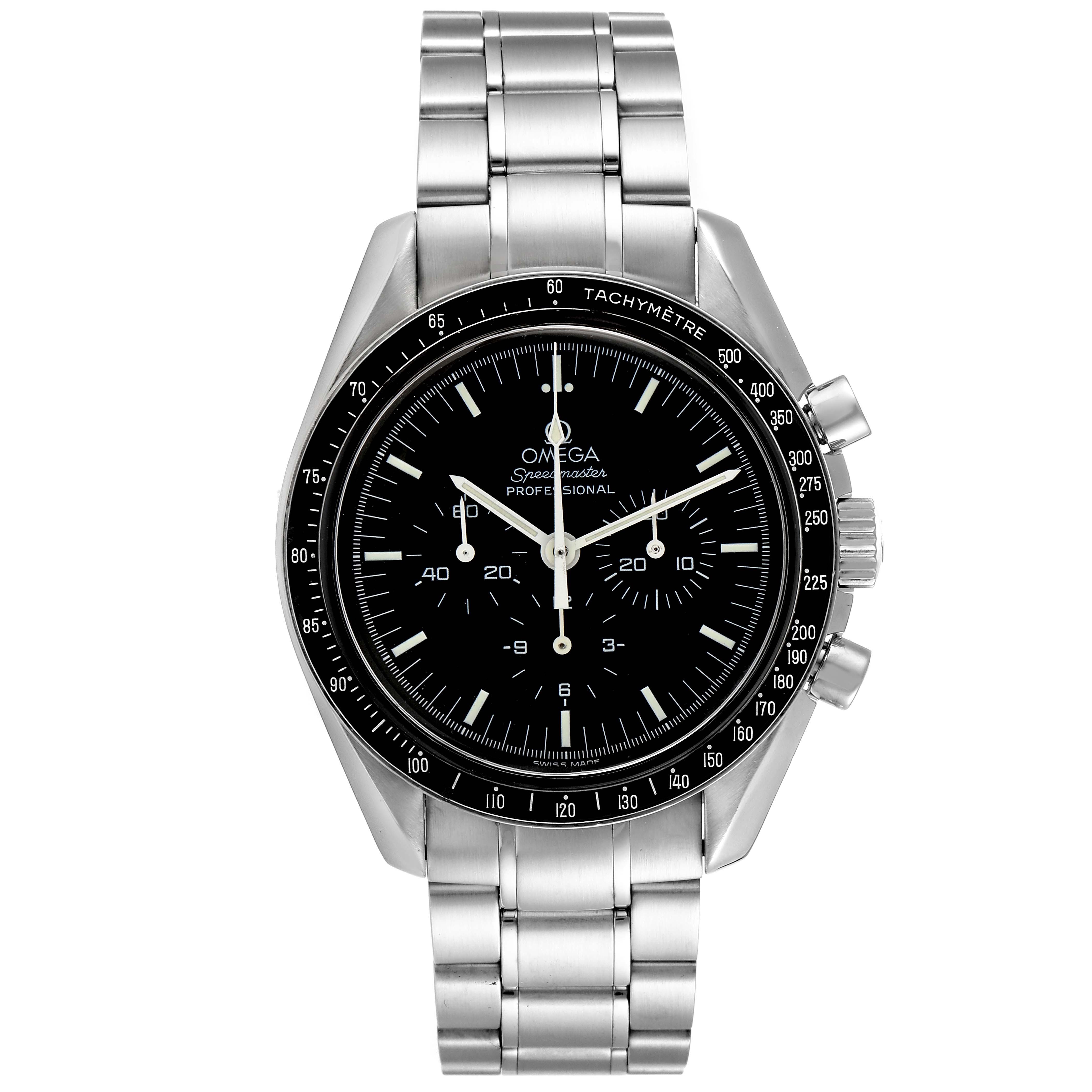 This image shows a front view of the Omega Speedmaster 3572.50.00 Men
s Stainless Steel Black Dial 3572.50.00 Men
s Stainless Steel Black Dial watch, highlighting its face and stainless steel bracelet.