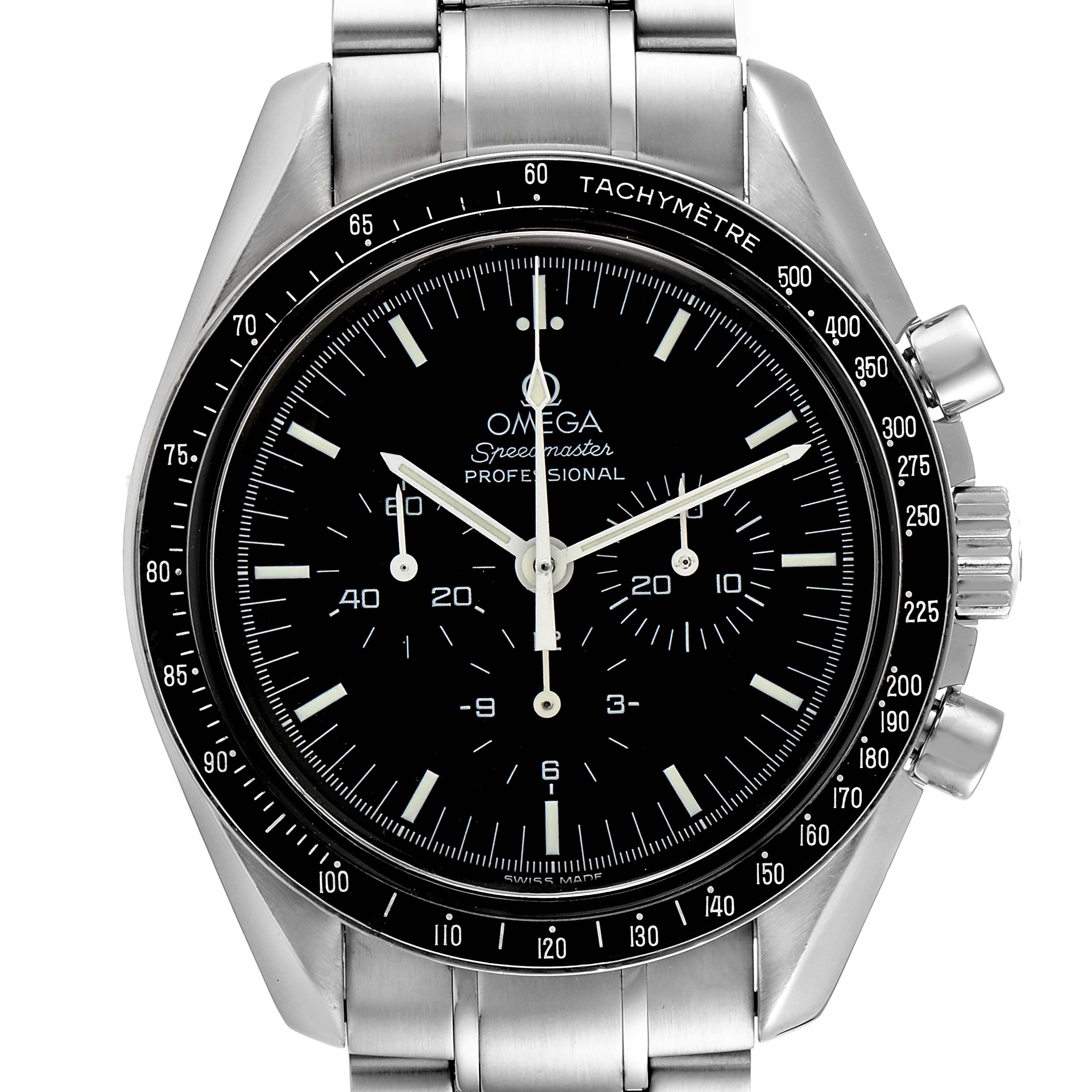 The image shows a frontal view of the Omega Speedmaster 3572.50.00 Men
s Stainless Steel Black Dial 3572.50.00 Men
s Stainless Steel Black Dial watch, highlighting the dial, tachymeter bezel, and pushers.