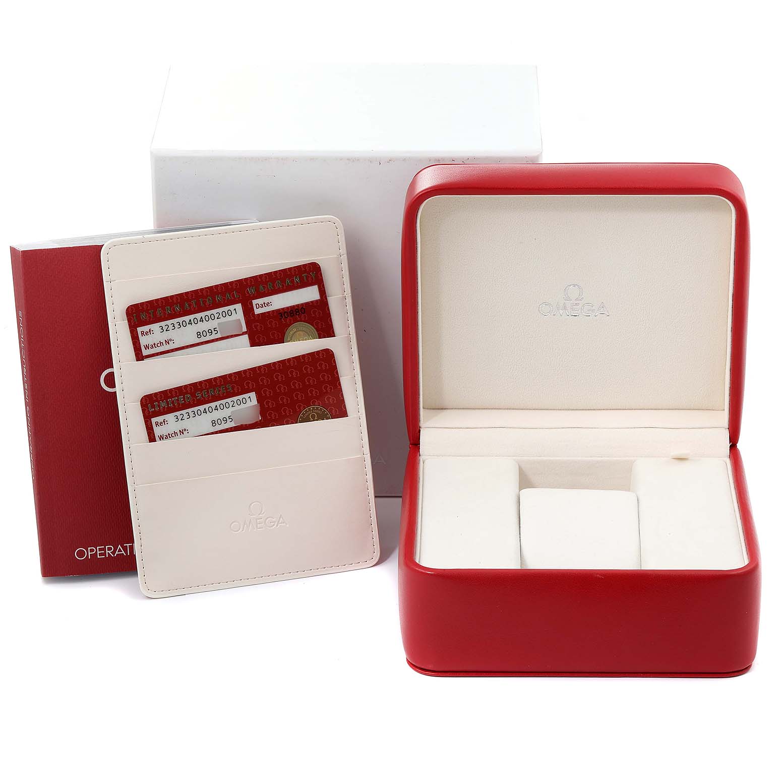 The image shows the box, warranty cardholder, and manual for an Omega Speedmaster 323.30.40.40.02.001 Men's Stainless Steel White Dial 323.30.40.40.02.001 Men's Stainless Steel White Dial watch.