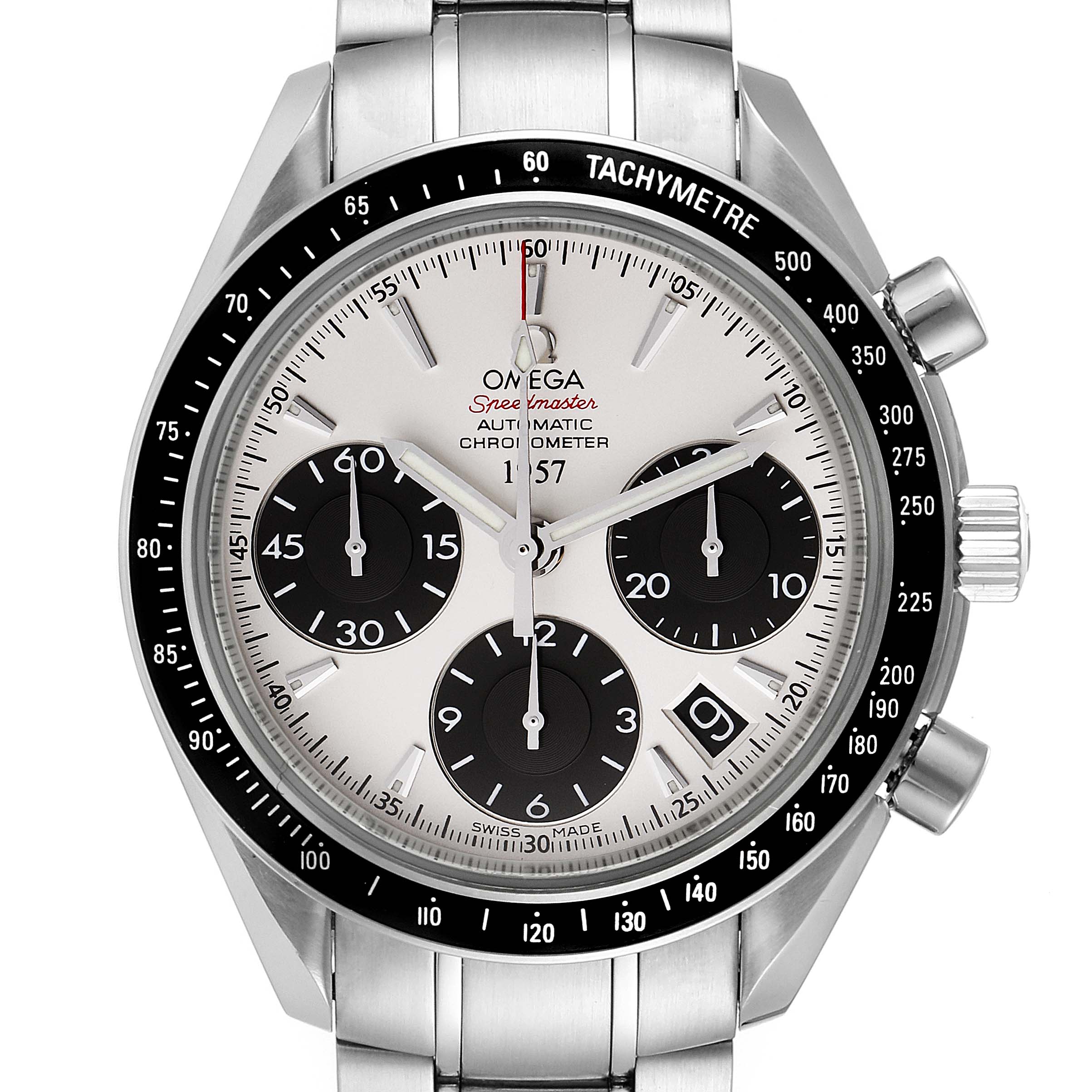 The image shows a front view of the Omega Speedmaster 323.30.40.40.02.001 Men's Stainless Steel White Dial 323.30.40.40.02.001 Men's Stainless Steel White Dial watch, highlighting its face, bezel, and part of the strap.