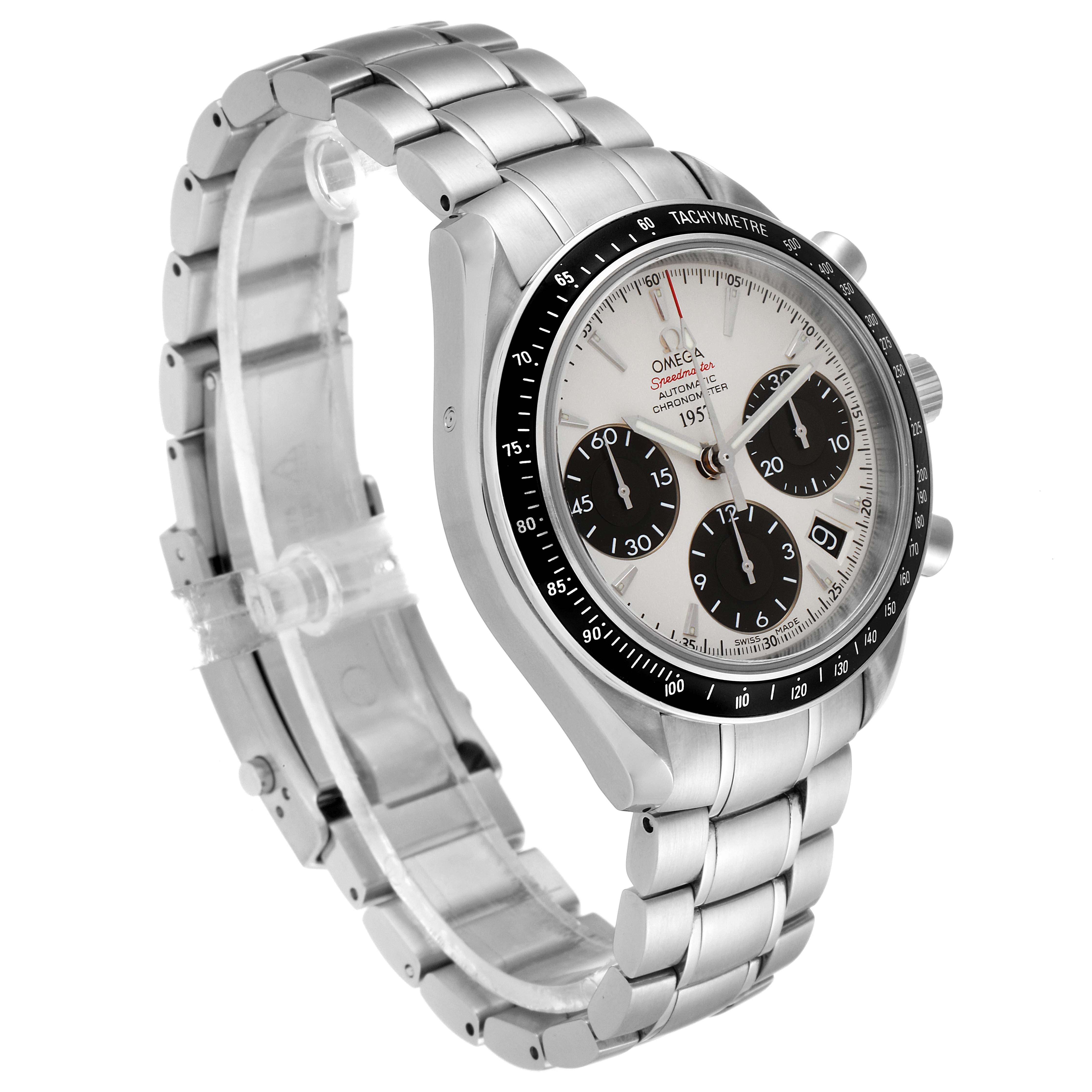 The Omega Speedmaster 323.30.40.40.02.001 Men's Stainless Steel White Dial 323.30.40.40.02.001 Men's Stainless Steel White Dial watch is shown at an angled front view, displaying its face, bezel, and stainless steel bracelet.