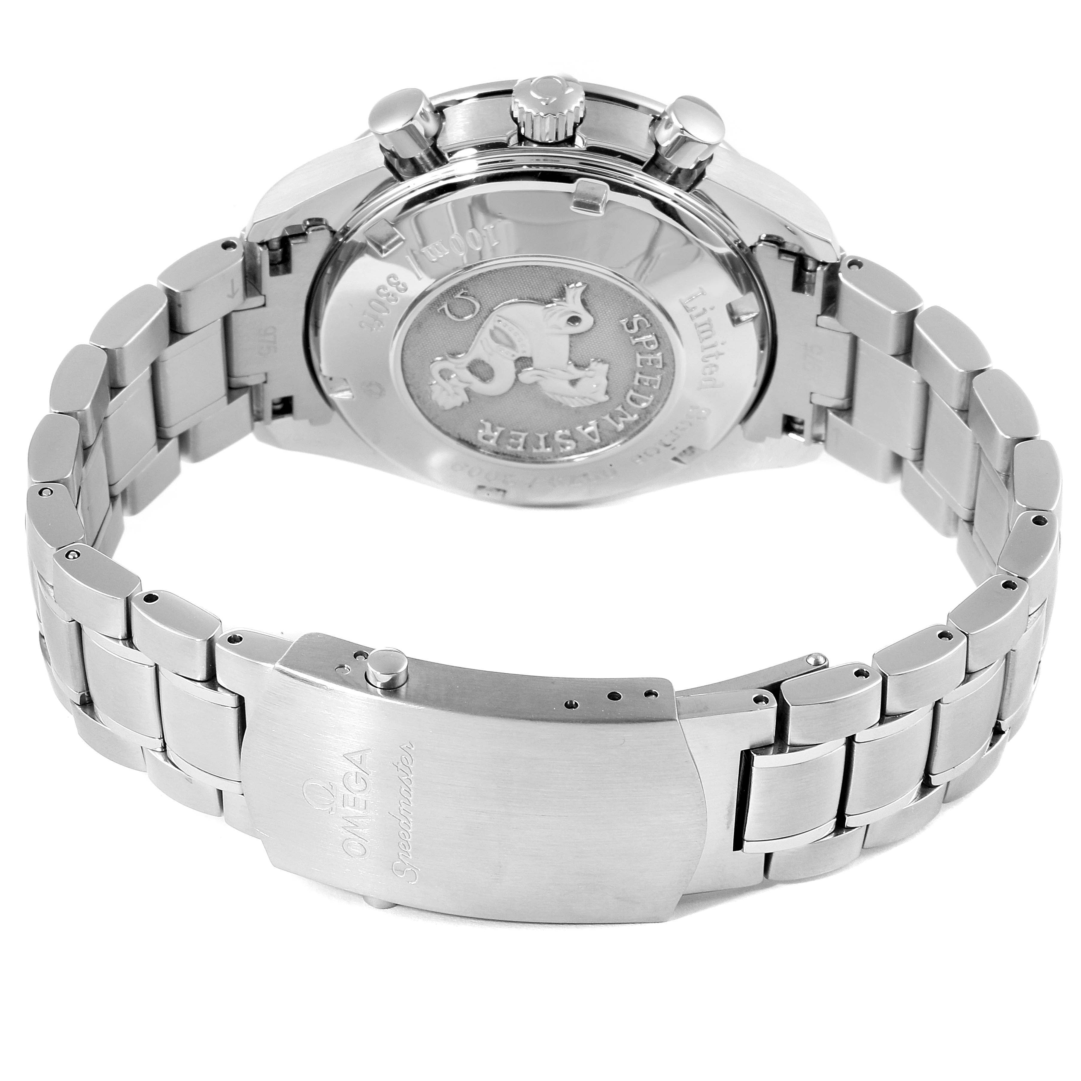 The image shows the back case and closed bracelet clasp of an Omega Speedmaster 323.30.40.40.02.001 Men's Stainless Steel White Dial 323.30.40.40.02.001 Men's Stainless Steel White Dial watch from a slightly tilted rear angle.