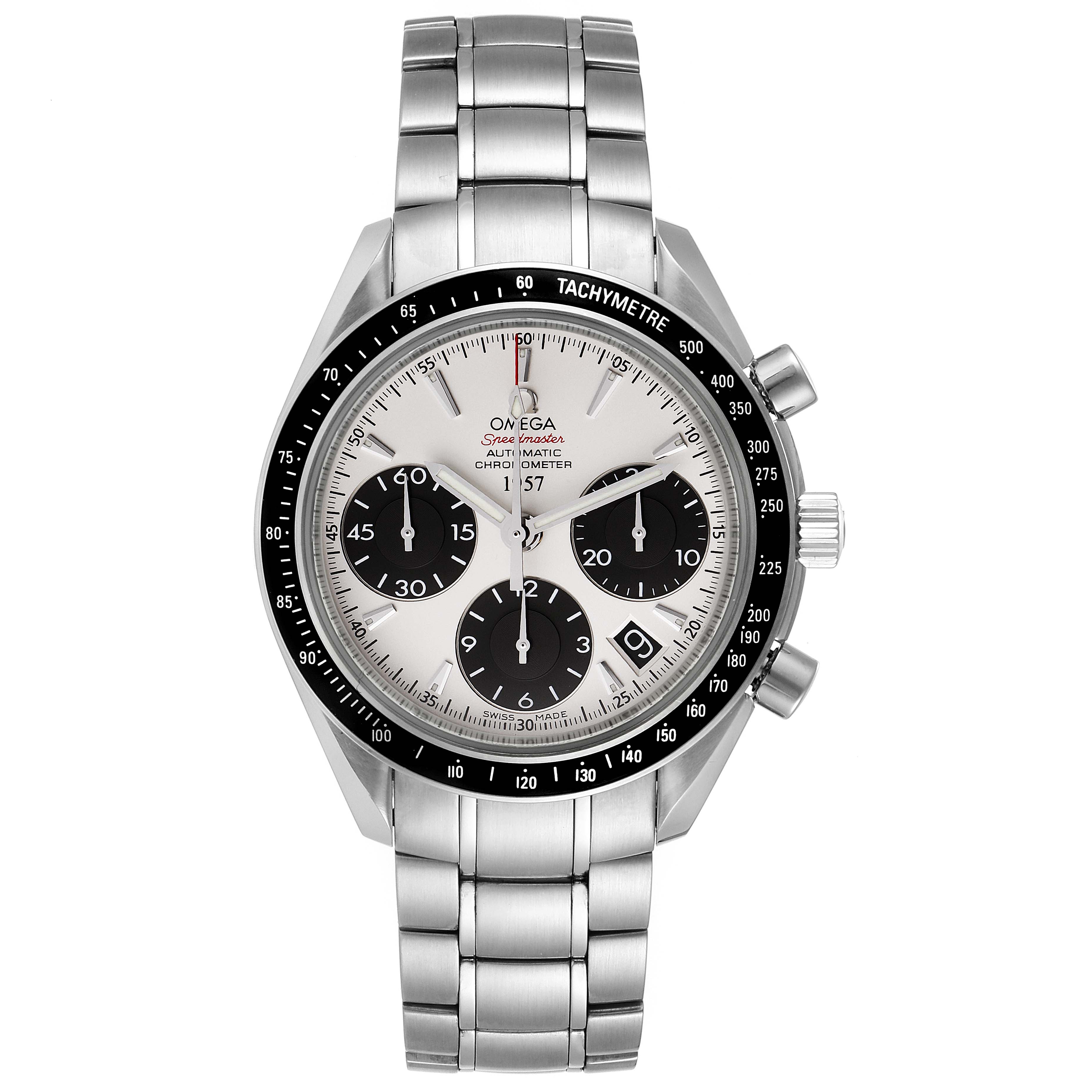 The image shows a front view of the Omega Speedmaster 323.30.40.40.02.001 Men's Stainless Steel White Dial 323.30.40.40.02.001 Men's Stainless Steel White Dial watch, featuring its dial, bezel, subdials, and stainless steel bracelet.