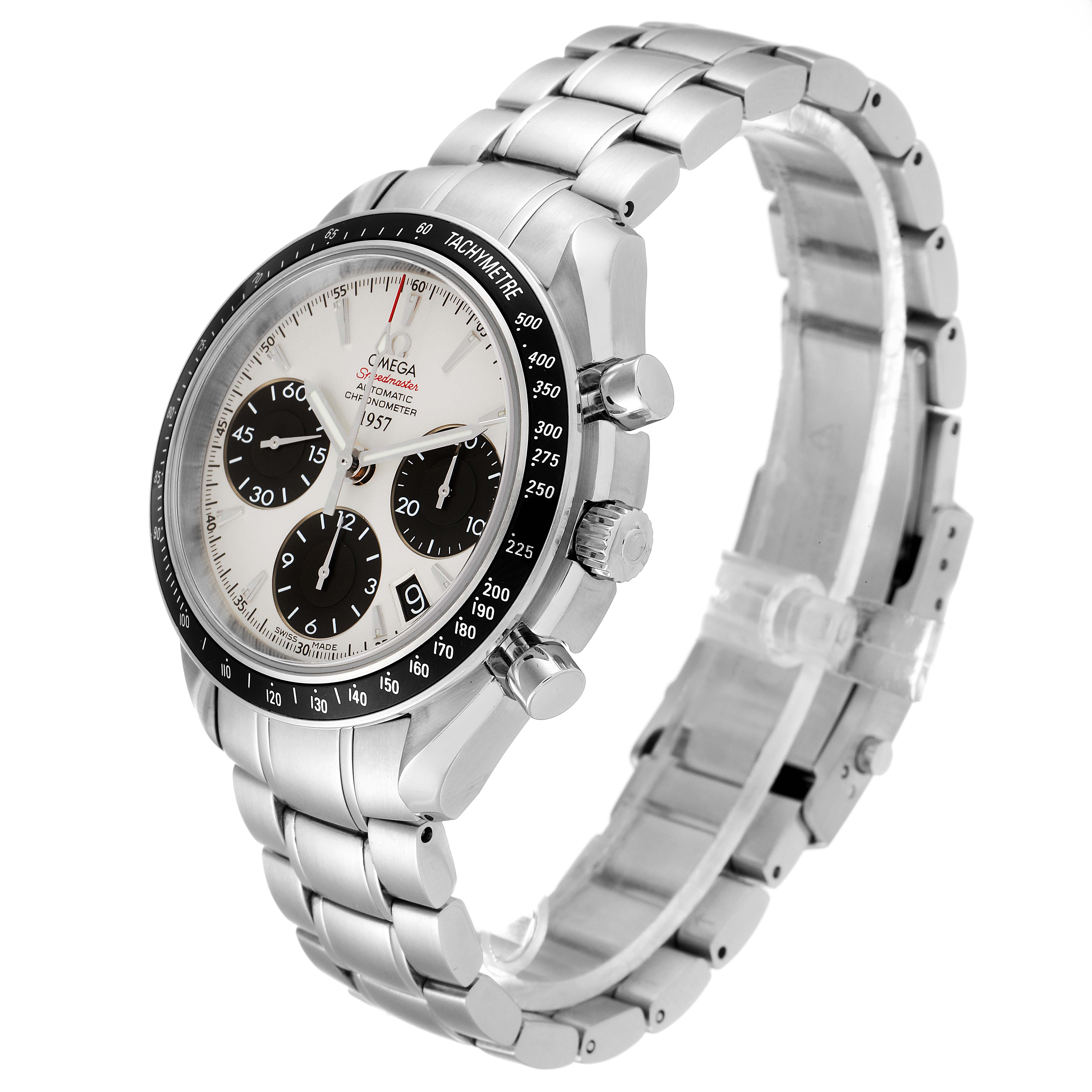 The image shows an angled side view of an Omega Speedmaster 323.30.40.40.02.001 Men's Stainless Steel White Dial 323.30.40.40.02.001 Men's Stainless Steel White Dial with its bezel, buttons, dial, and metal bracelet visible.