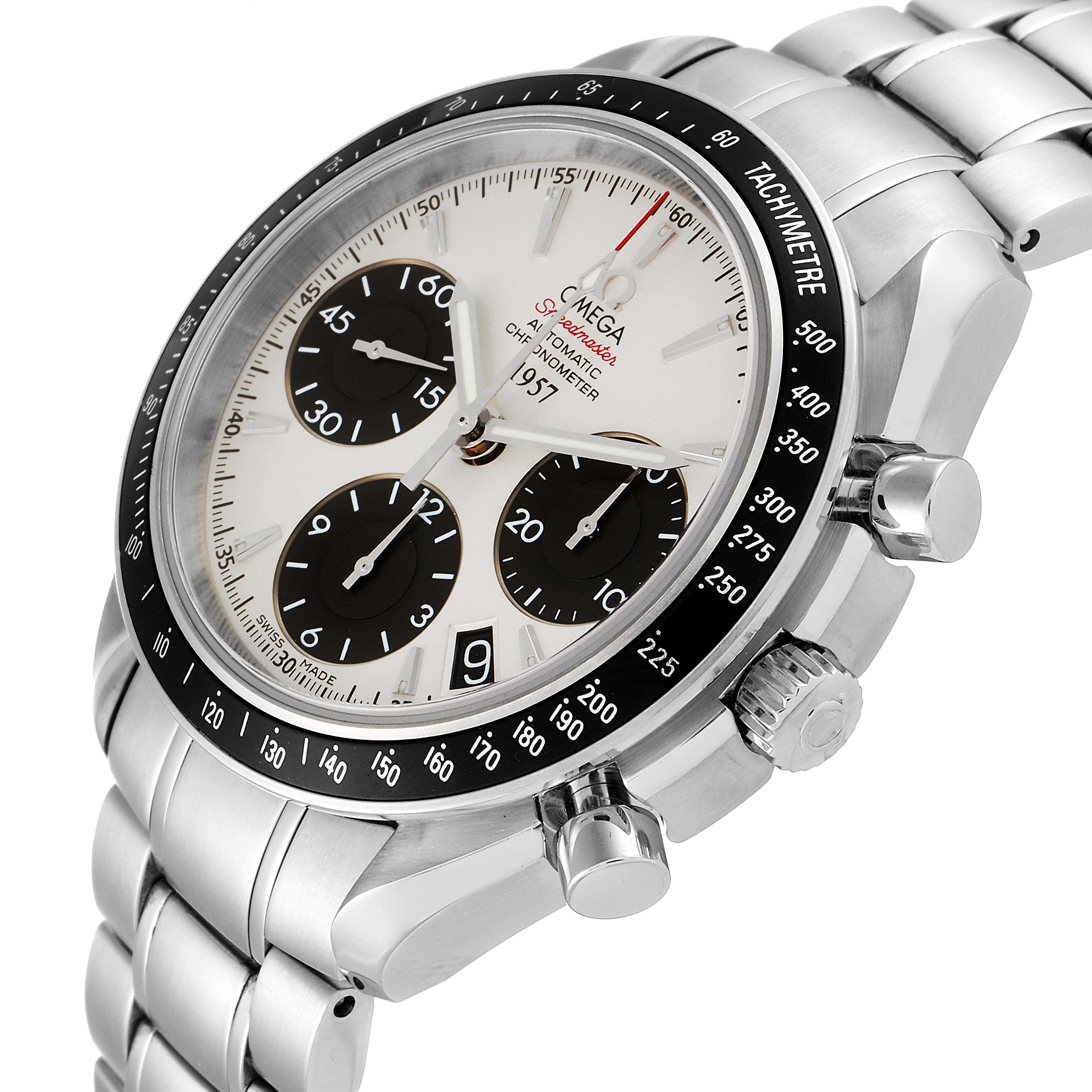 The Omega Speedmaster 323.30.40.40.02.001 Men's Stainless Steel White Dial 323.30.40.40.02.001 Men's Stainless Steel White Dial watch is shown from an angled view highlighting the dial, tachymeter bezel, and stainless steel bracelet.