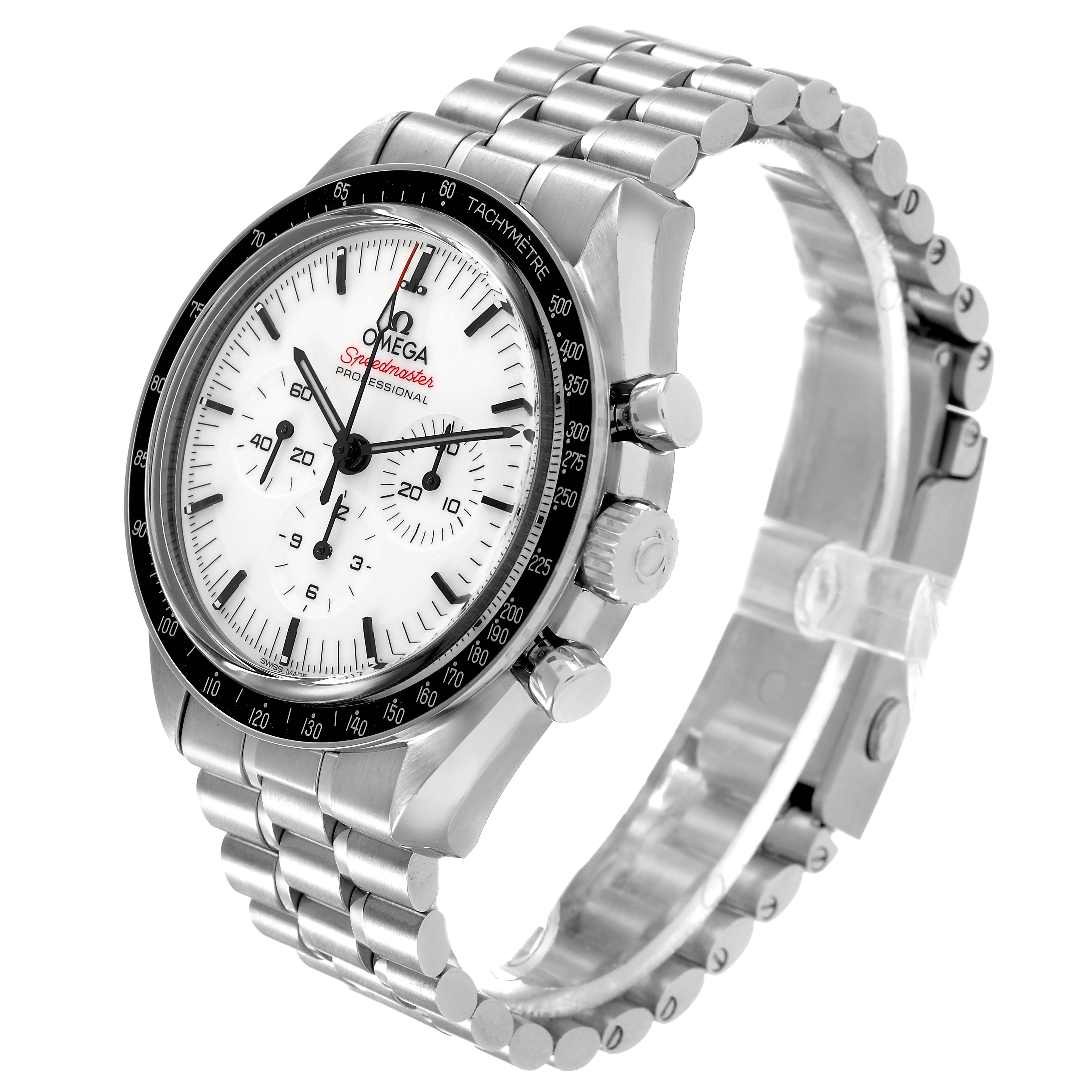 The Omega Speedmaster 310.30.42.50.04.001 Men's Stainless Steel White Dial is shown at a three-quarter angle, highlighting its face, bezel, crown, and stainless steel bracelet.