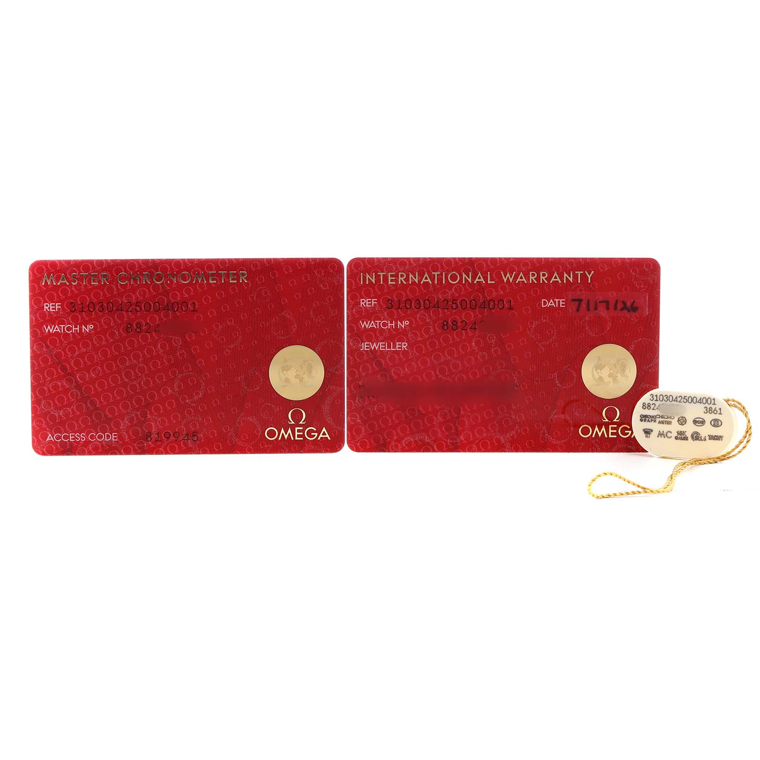 The image shows an International Warranty card, a Master Chronometer card, and a tag for the Omega Speedmaster 310.30.42.50.04.001 Men's Stainless Steel White Dial model.