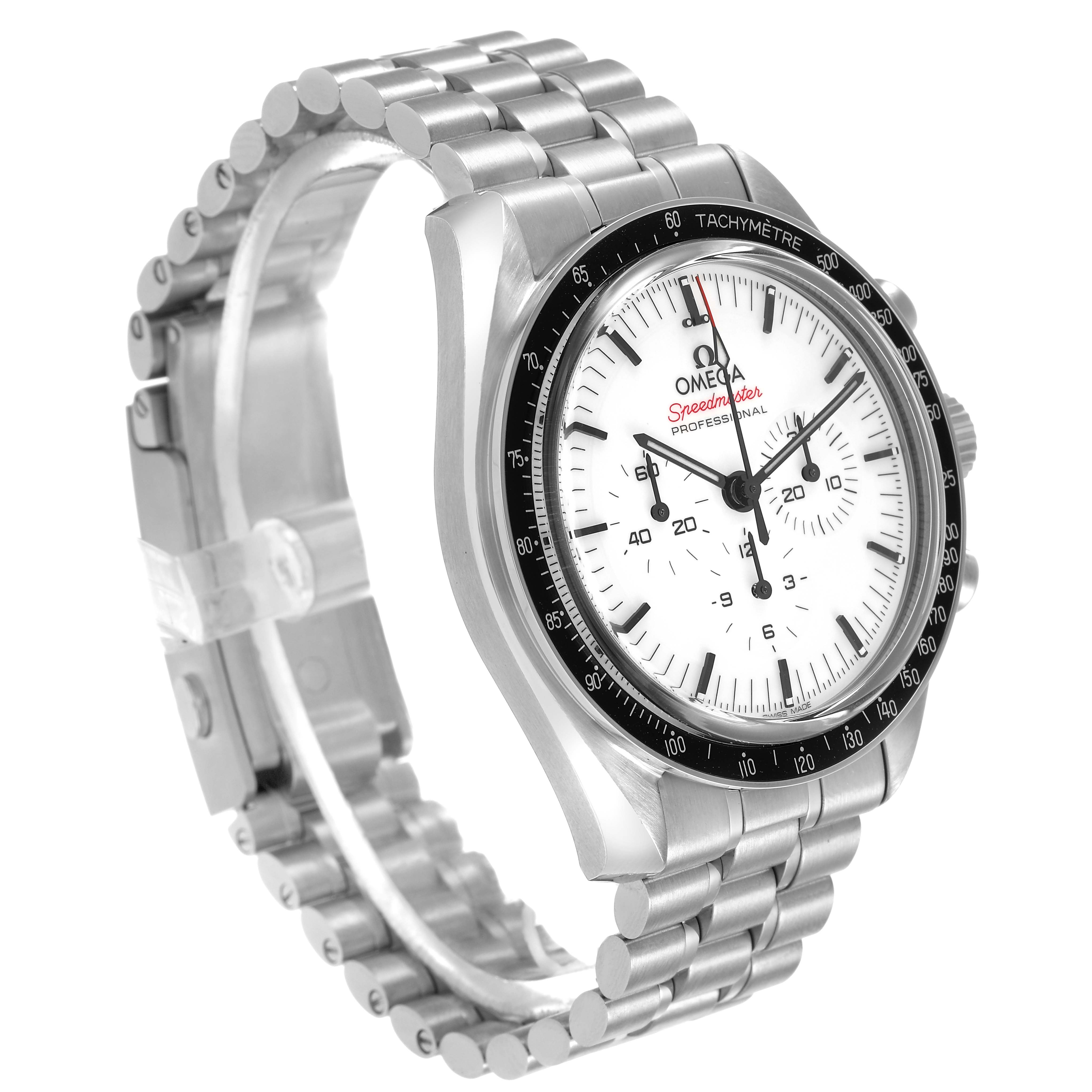 The Omega Speedmaster 310.30.42.50.04.001 Men's Stainless Steel White Dial model is shown at a three-quarter angle, displaying the dial, bezel, and metal bracelet.