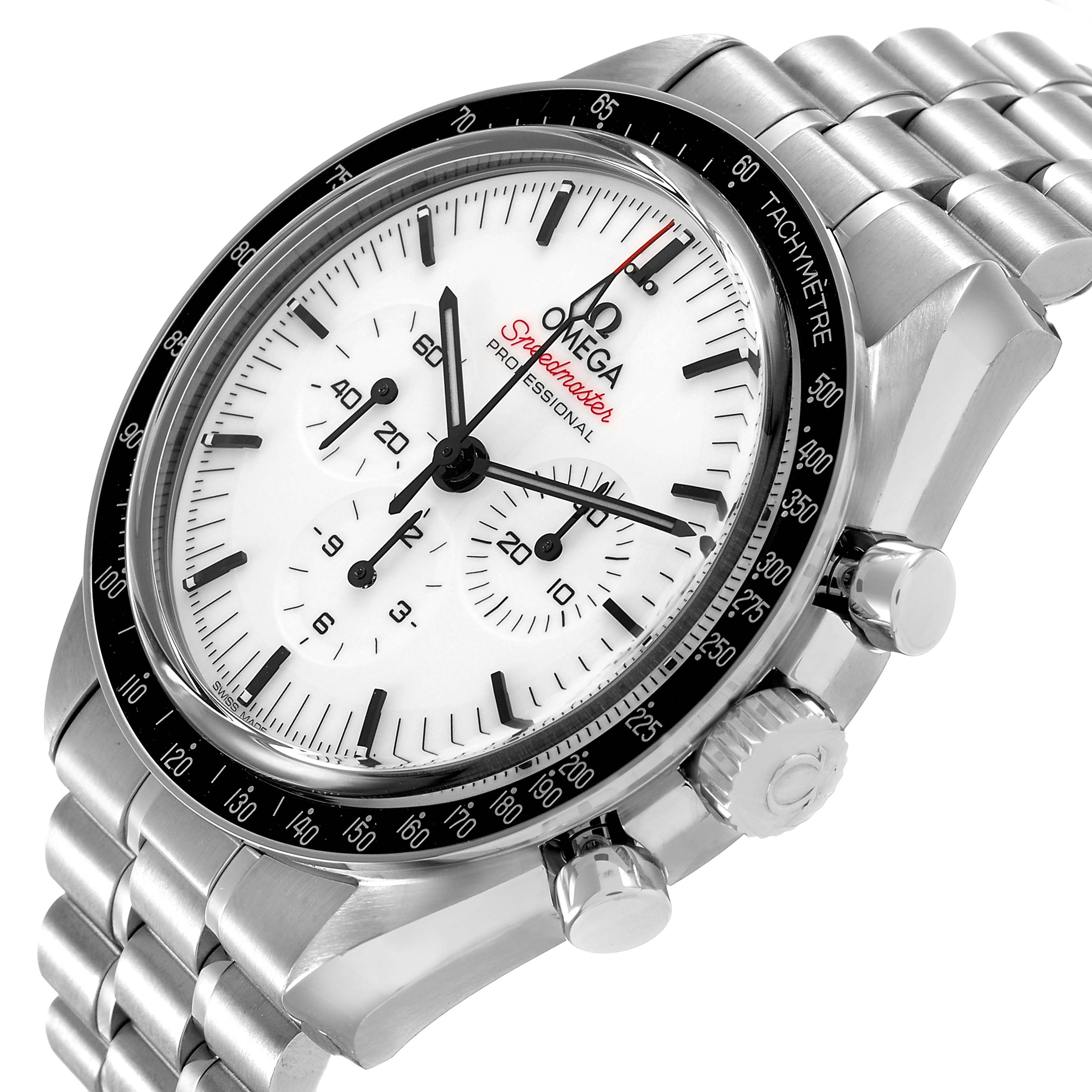 The Omega Speedmaster 310.30.42.50.04.001 Men's Stainless Steel White Dial watch is shown at a three-quarter angle, highlighting the face, bezel, chronograph dials, and bracelet.