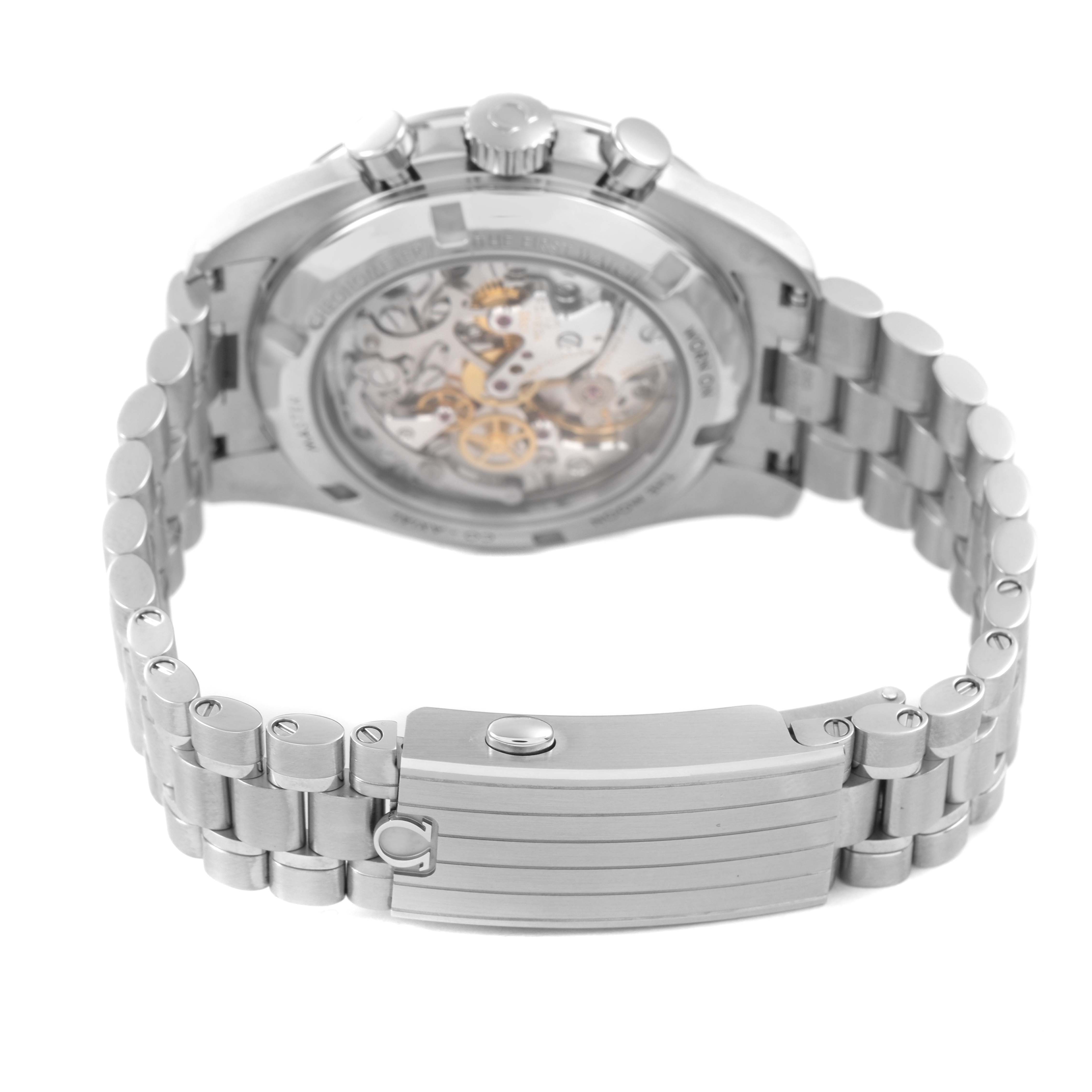 The image shows the back view of the Omega Speedmaster 310.30.42.50.04.001 Men's Stainless Steel White Dial watch, highlighting the transparent case back and metal bracelet.