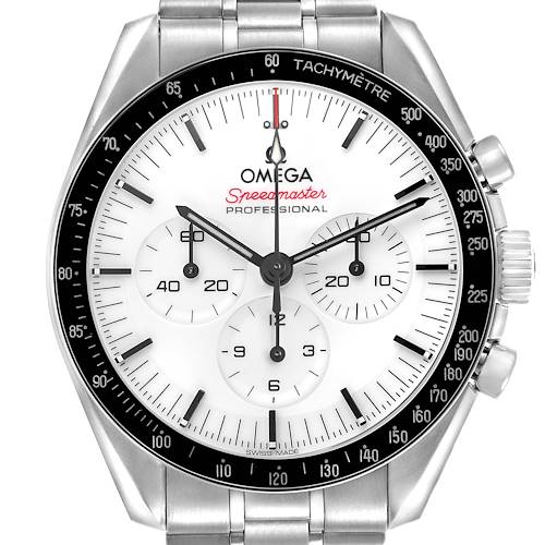 The Omega Speedmaster 310.30.42.50.04.001 Men's Stainless Steel White Dial watch is shown from the front, highlighting the dial, subdials, tachymeter bezel, and steel bracelet.