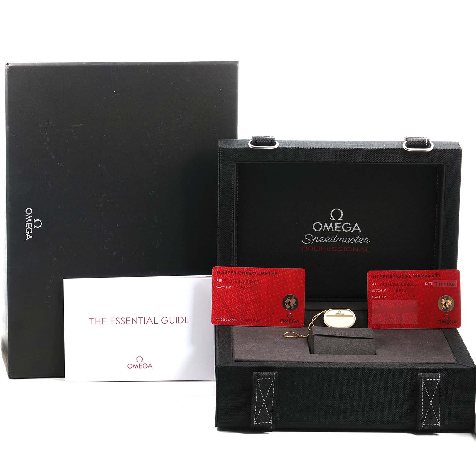 The image shows an Omega Speedmaster 310.30.42.50.04.001 Men's Stainless Steel White Dial watch box, two red cards, an essential guide booklet, and packaging at a front angle.