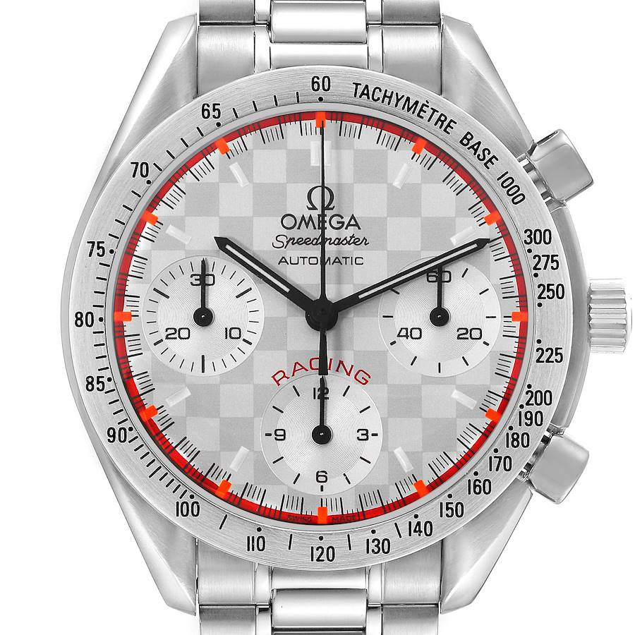 The Omega Speedmaster 3517.30.00 Men's Stainless Steel Silver Dial watch is shown from the front, featuring the full face with tachymeter, subdials, and metal bracelet.