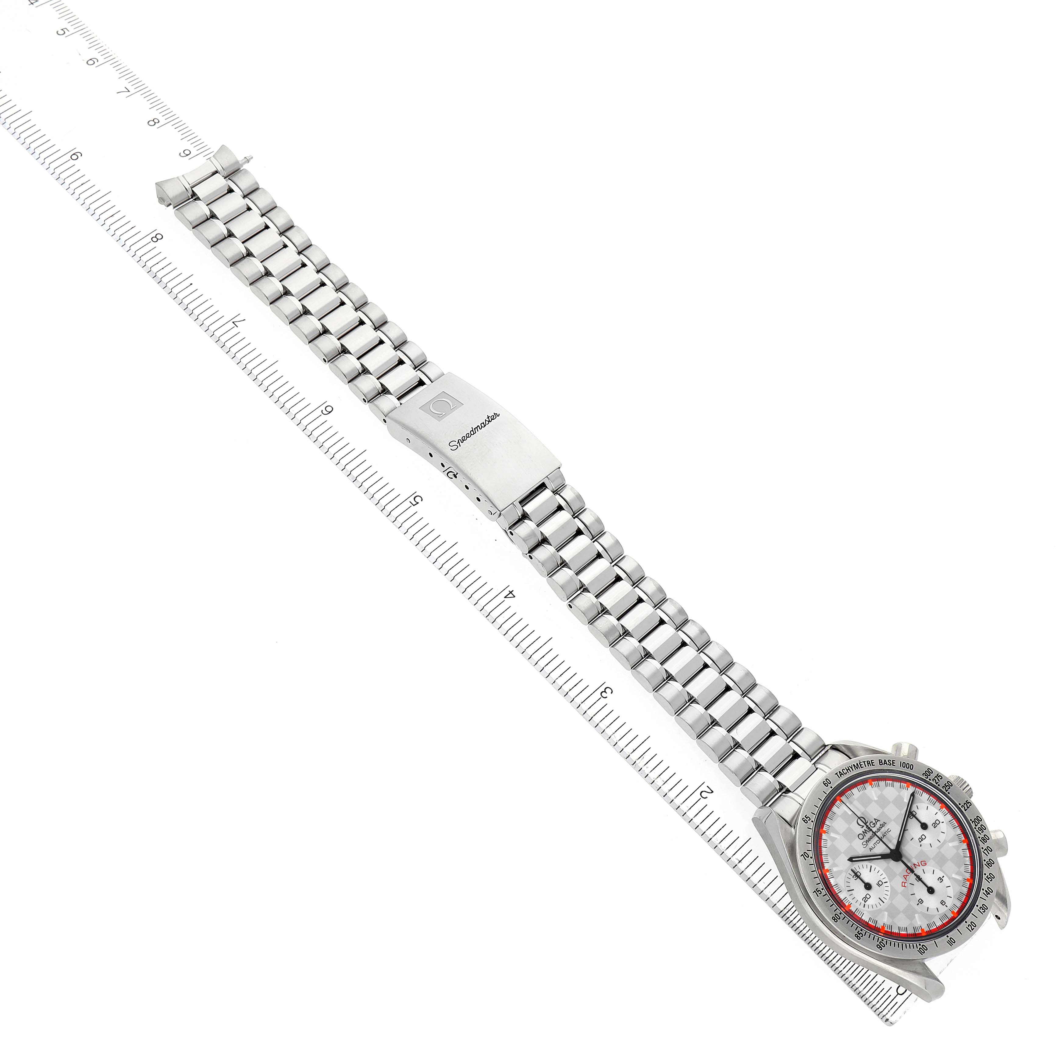 The Omega Speedmaster 3517.30.00 Men's Stainless Steel Silver Dial watch is shown at an angle highlighting the face, bracelet, and clasp.