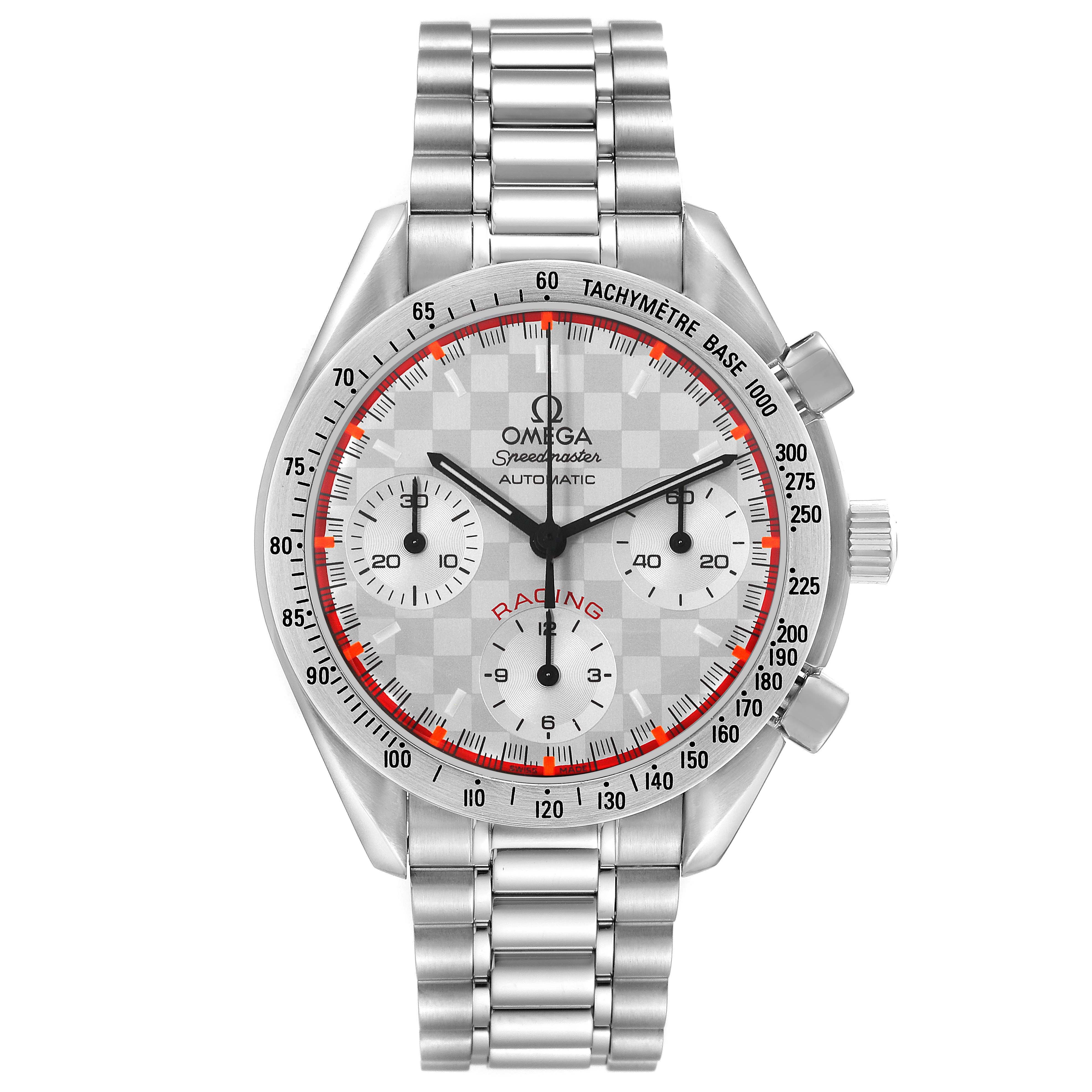 The image shows a front view of the Omega Speedmaster 3517.30.00 Men's Stainless Steel Silver Dial watch, highlighting its face, bezel, pushers, and bracelet.