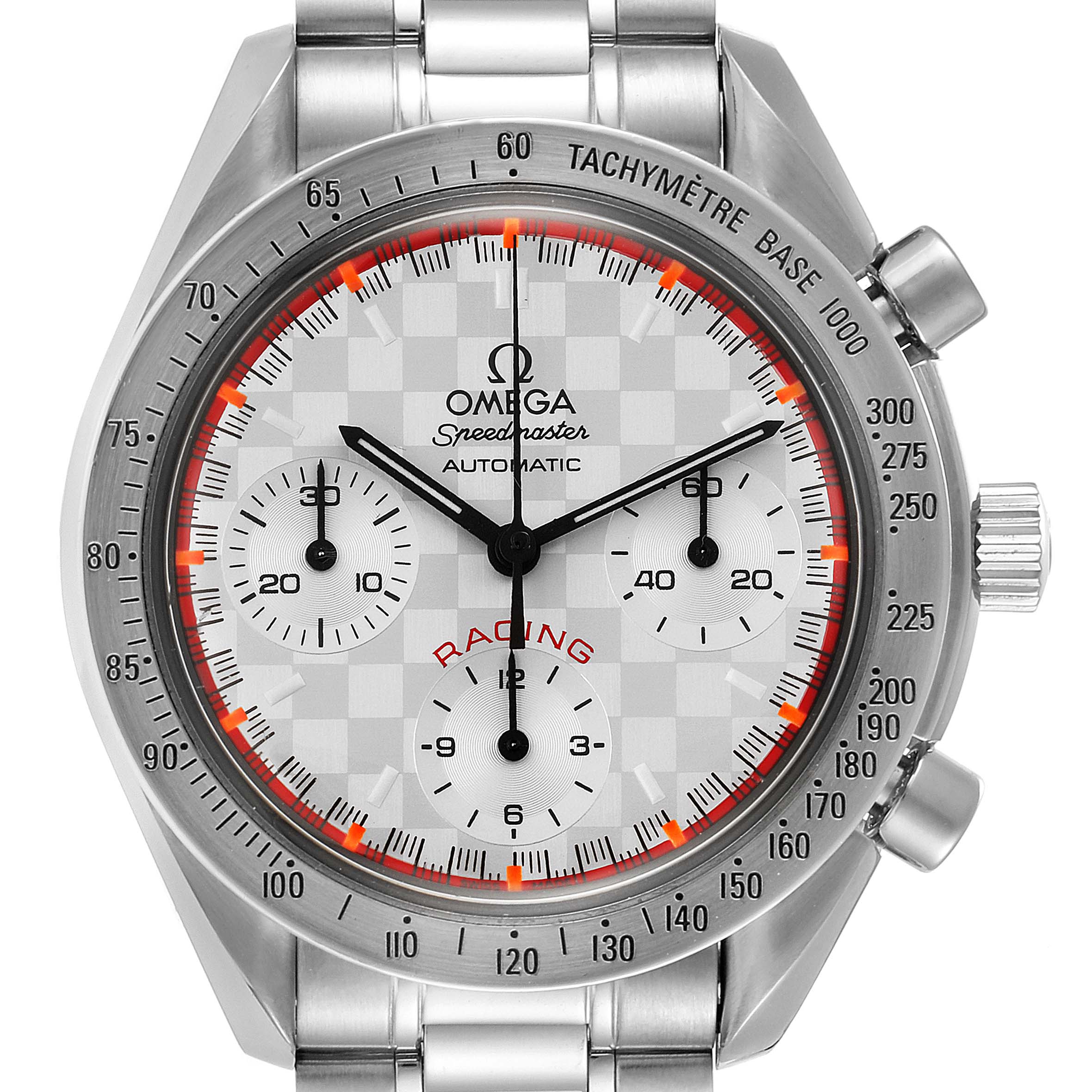 The image shows a frontal view of an Omega Speedmaster 3517.30.00 Men's Stainless Steel Silver Dial 3517.30.00 Men's Stainless Steel Silver Dial Racing watch, highlighting the dial, bezel, and part of the bracelet.