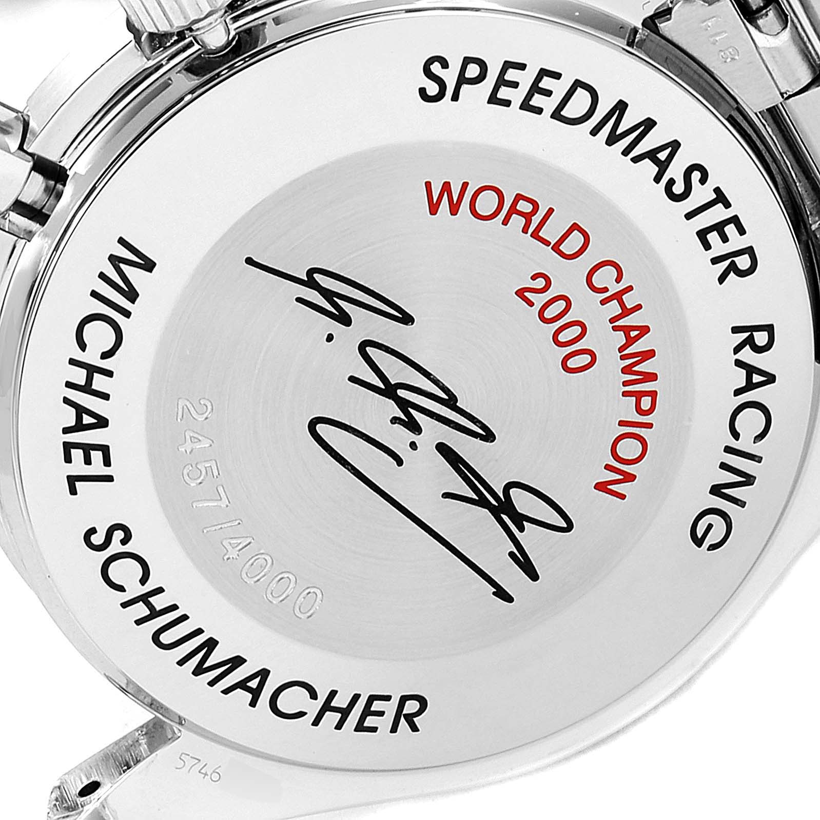 This is the back casing of an Omega Speedmaster 3517.30.00 Men's Stainless Steel Silver Dial 3517.30.00 Men's Stainless Steel Silver Dial Racing watch, featuring engravings and a signature.