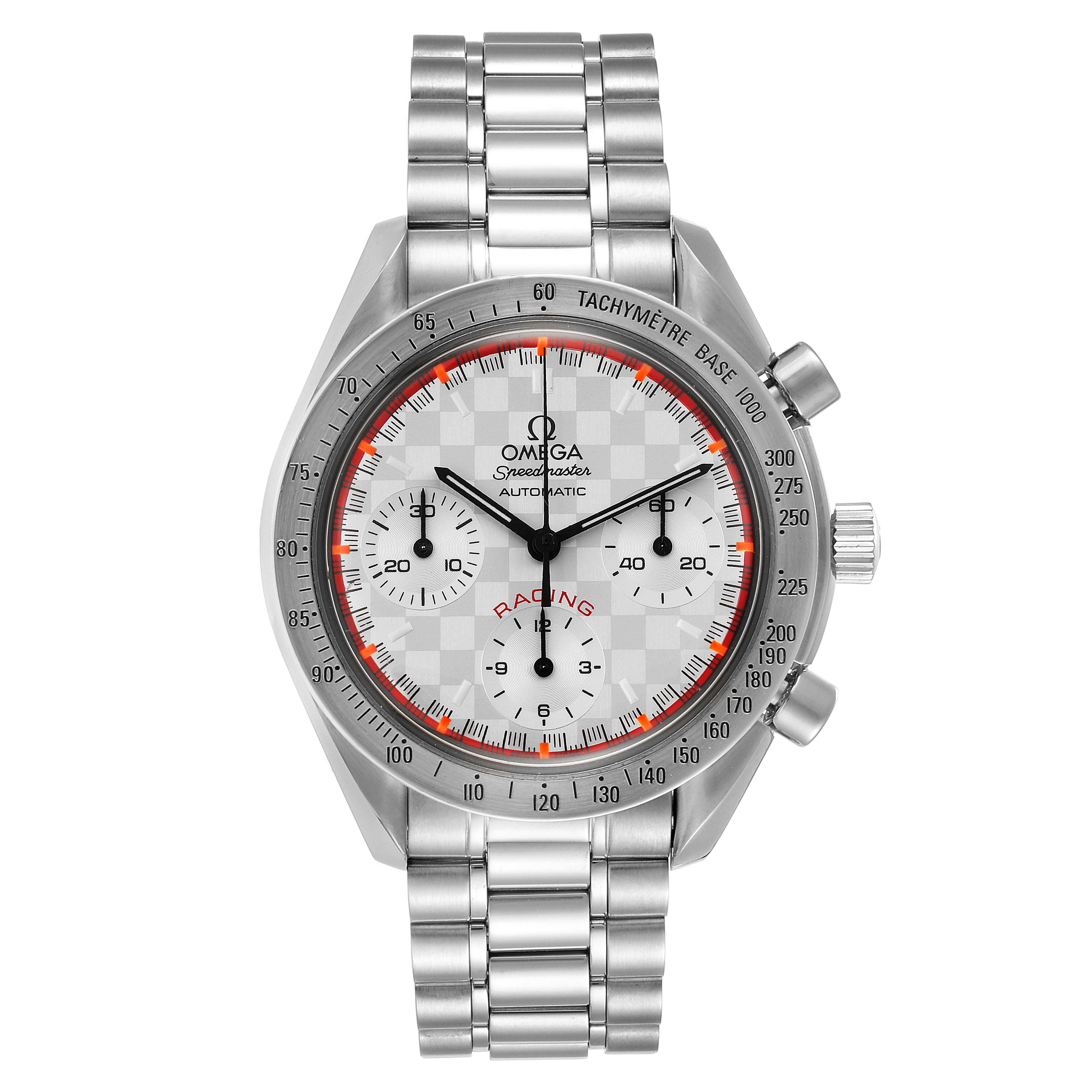 This image shows a frontal view of an Omega Speedmaster 3517.30.00 Men's Stainless Steel Silver Dial 3517.30.00 Men's Stainless Steel Silver Dial watch, highlighting its face, sub-dials, bezel, and bracelet.