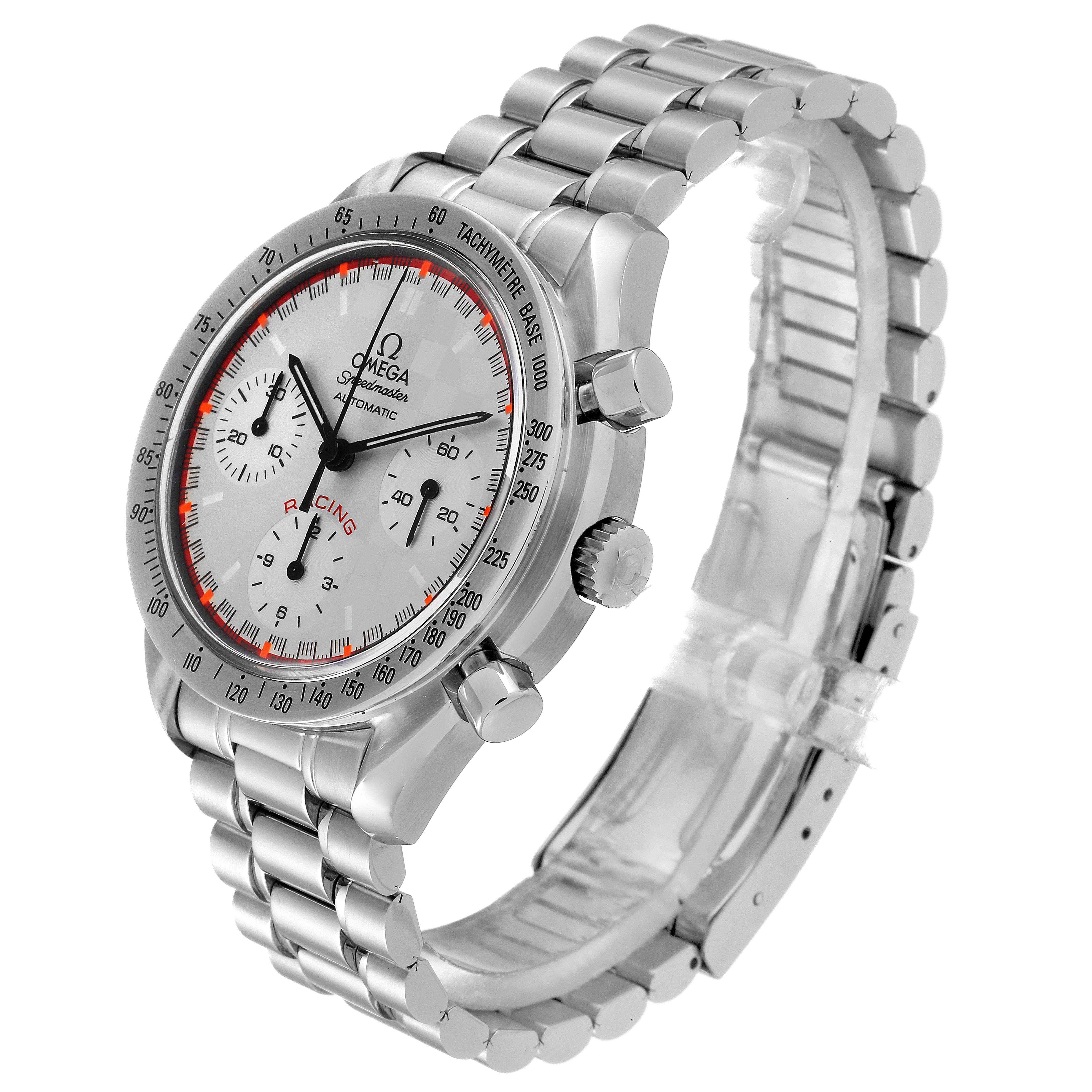 The Omega Speedmaster 3517.30.00 Men's Stainless Steel Silver Dial 3517.30.00 Men's Stainless Steel Silver Dial watch is shown at a front-angle view, highlighting its face, bezel, and stainless steel bracelet.