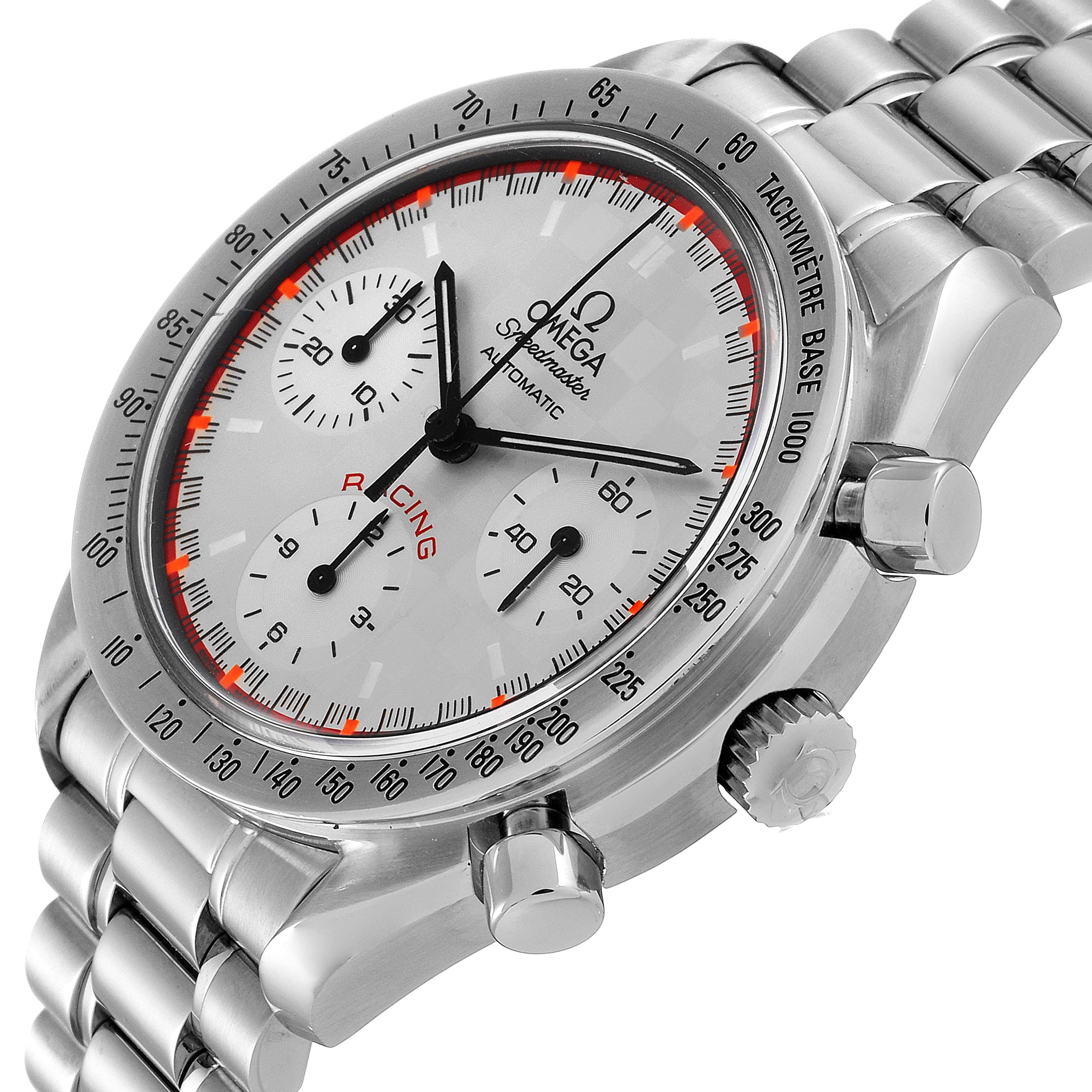 This Omega Speedmaster 3517.30.00 Men's Stainless Steel Silver Dial 3517.30.00 Men's Stainless Steel Silver Dial watch is shown from a three-quarter angle, highlighting the face, bezel, crown, and chronograph pushers.