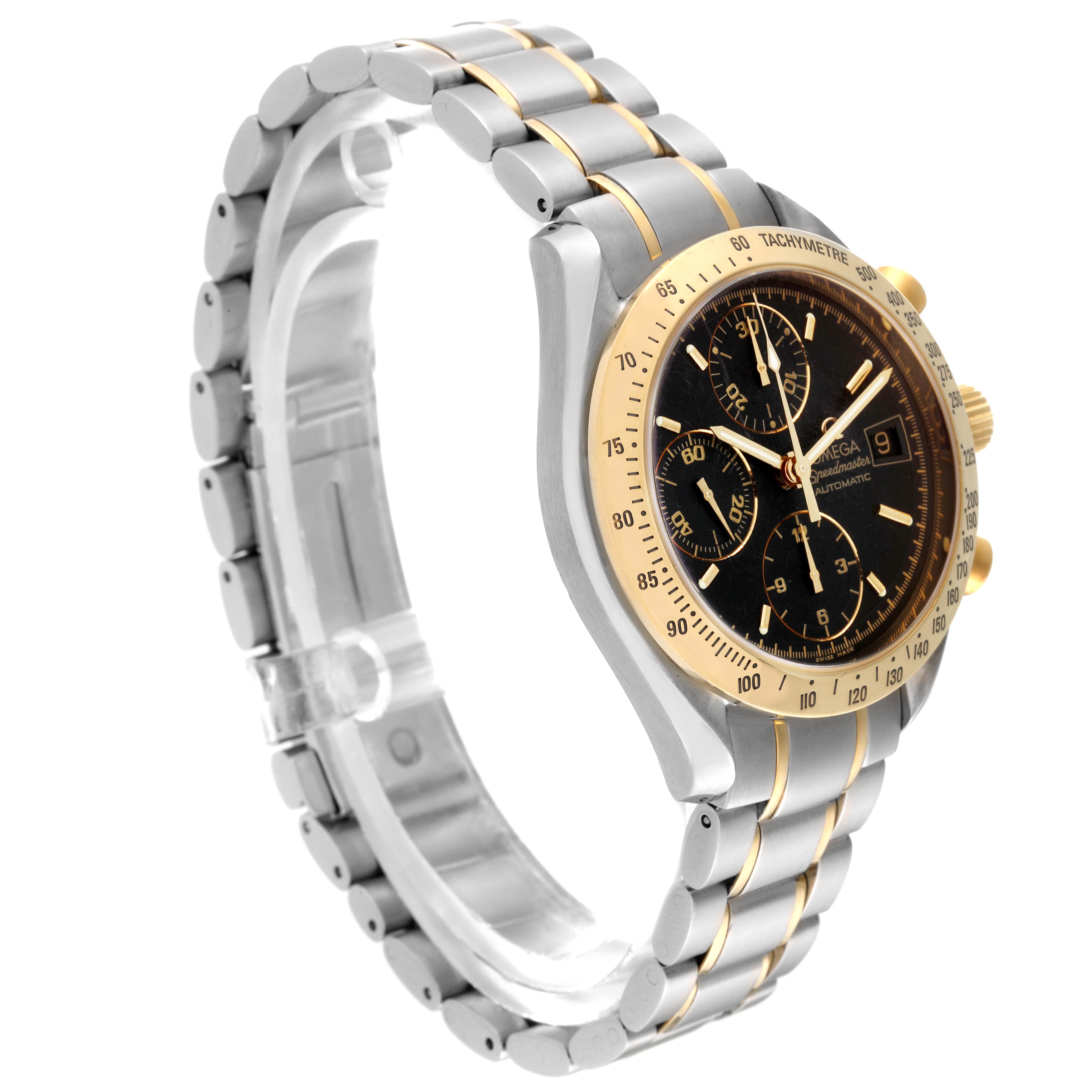 The Omega Speedmaster 3313.50.00 Men's Steel and Gold (two tone) Black Dial 3313.50.00 Men's Steel and Gold (two tone) Black Dial watch is shown at a slight side angle, highlighting its bezel, dial, crown, and bracelet.