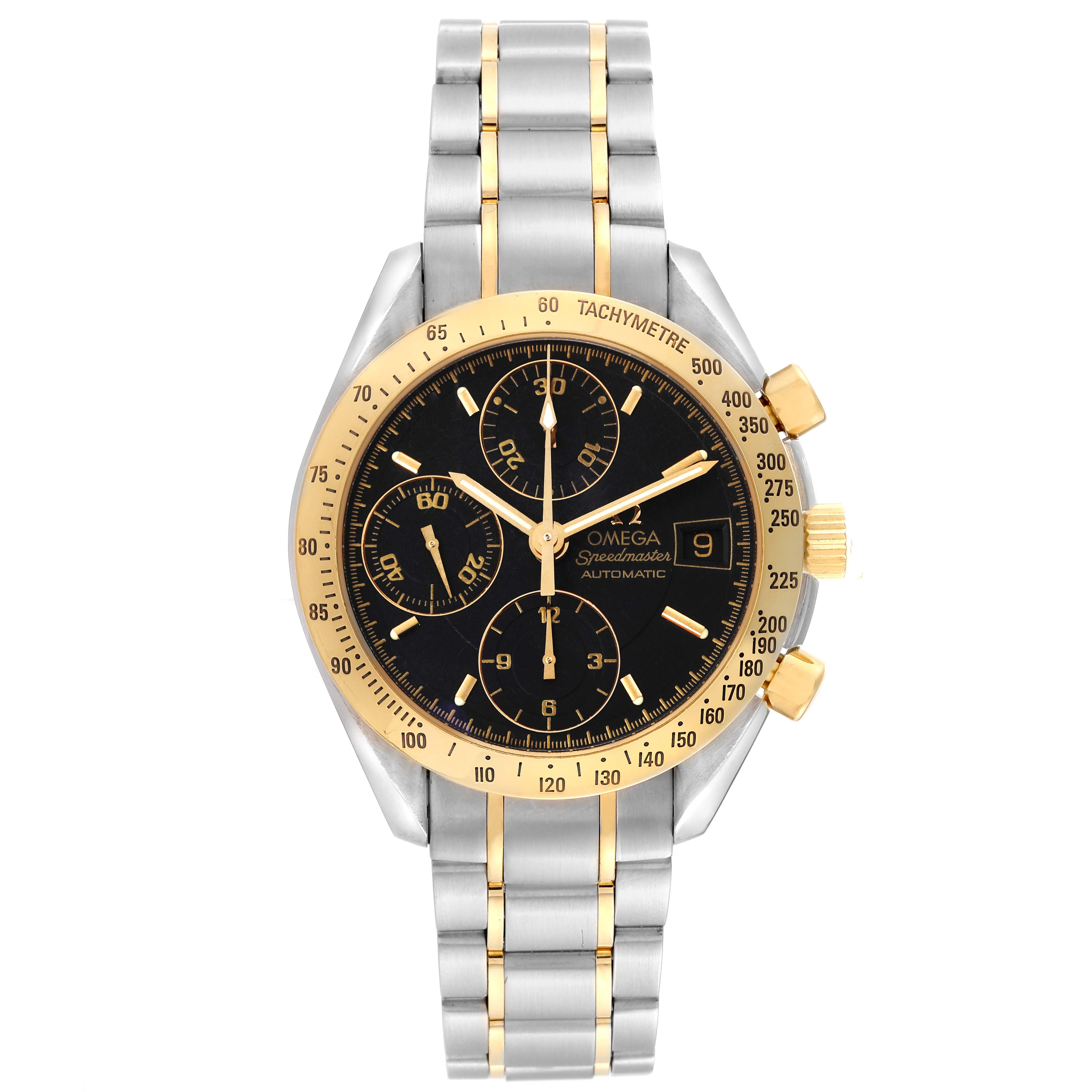 The image shows a front view of an Omega Speedmaster 3313.50.00 Men's Steel and Gold (two tone) Black Dial 3313.50.00 Men's Steel and Gold (two tone) Black Dial watch, highlighting its black dial, gold bezel, and two-tone stainless steel and gold bracelet.