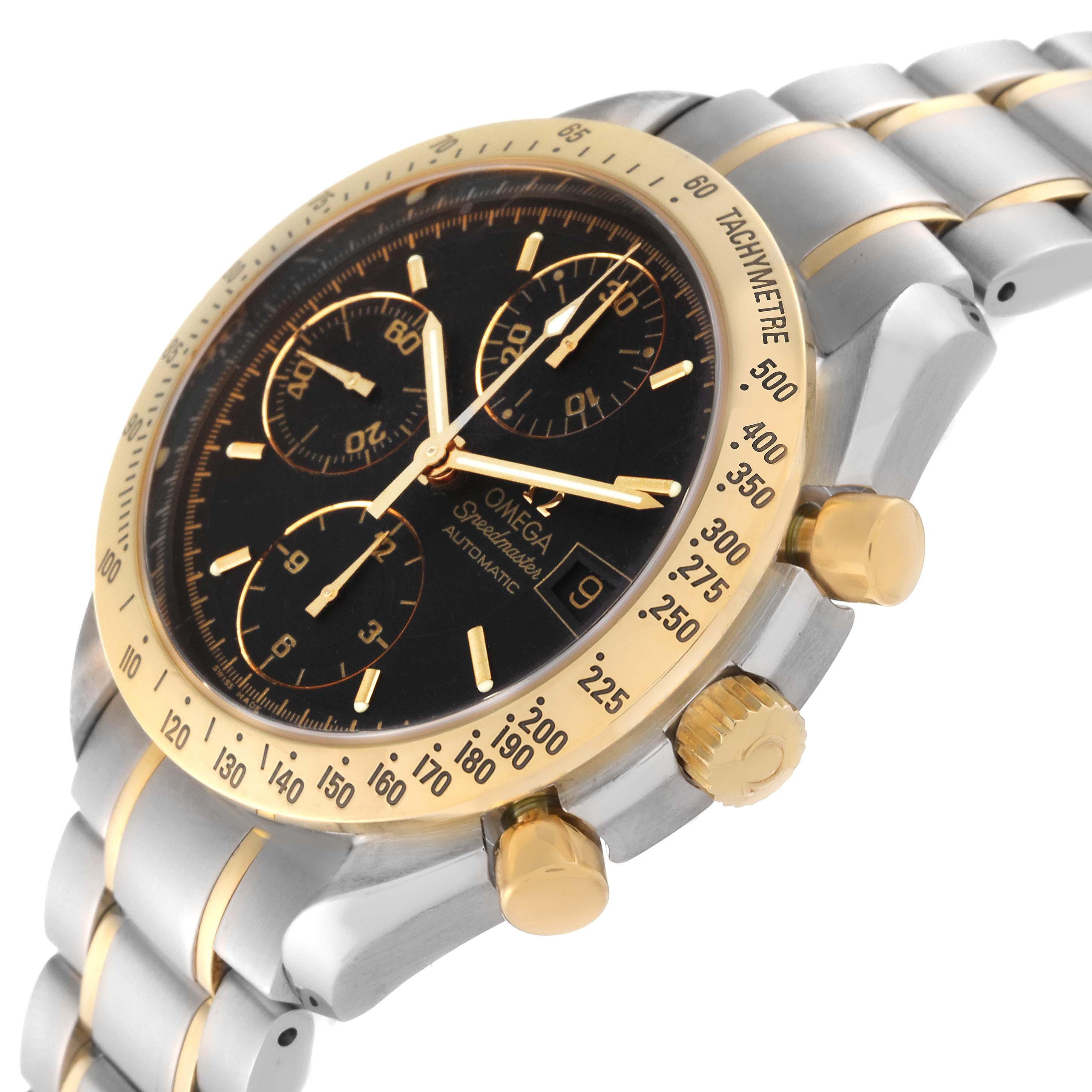This Omega Speedmaster 3313.50.00 Men's Steel and Gold (two tone) Black Dial 3313.50.00 Men's Steel and Gold (two tone) Black Dial watch is shown at an angled view highlighting the face, bezel, buttons, and part of the strap.
